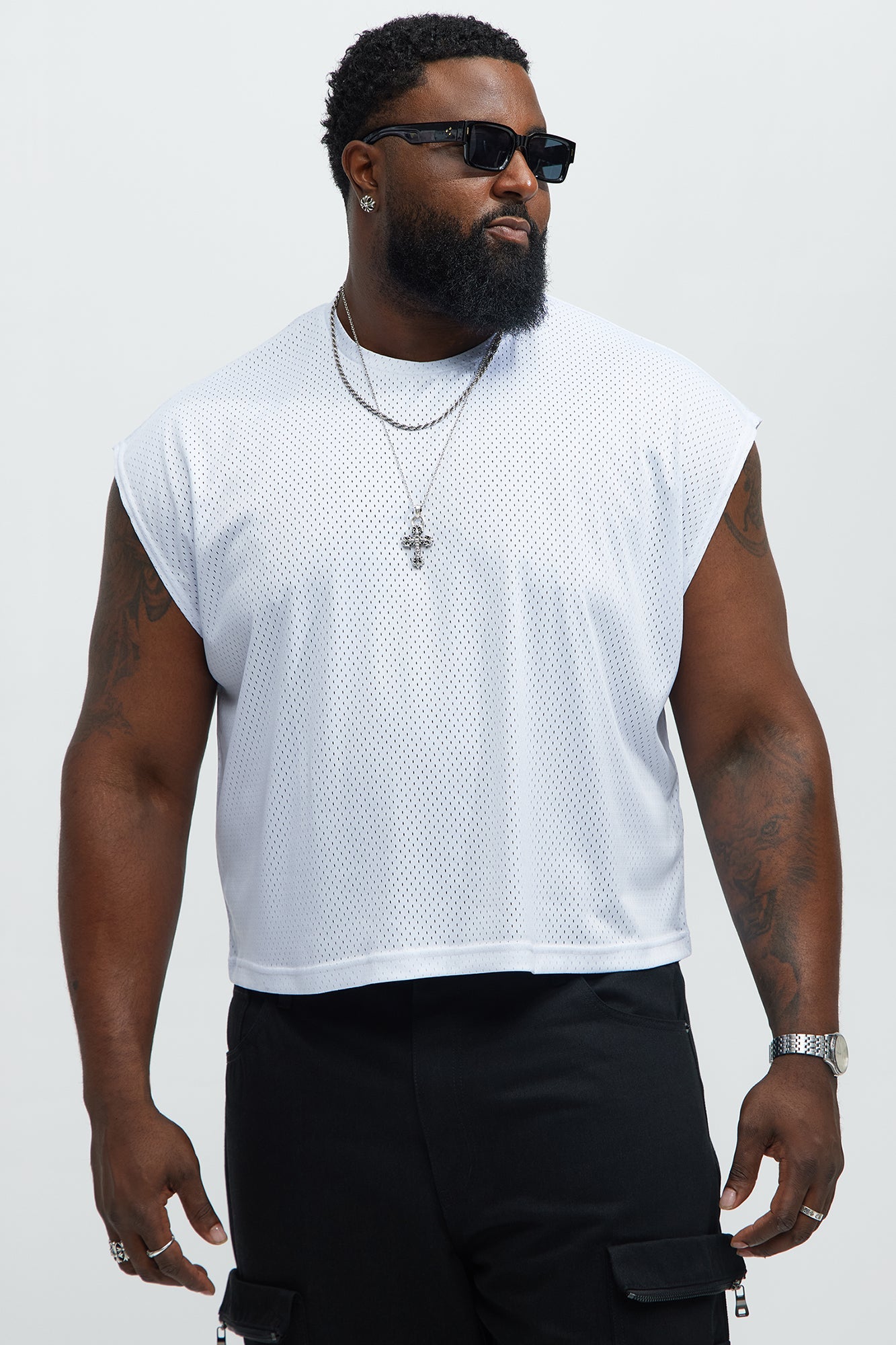 Boxy Mesh Sleeveless Muscle Tee - White