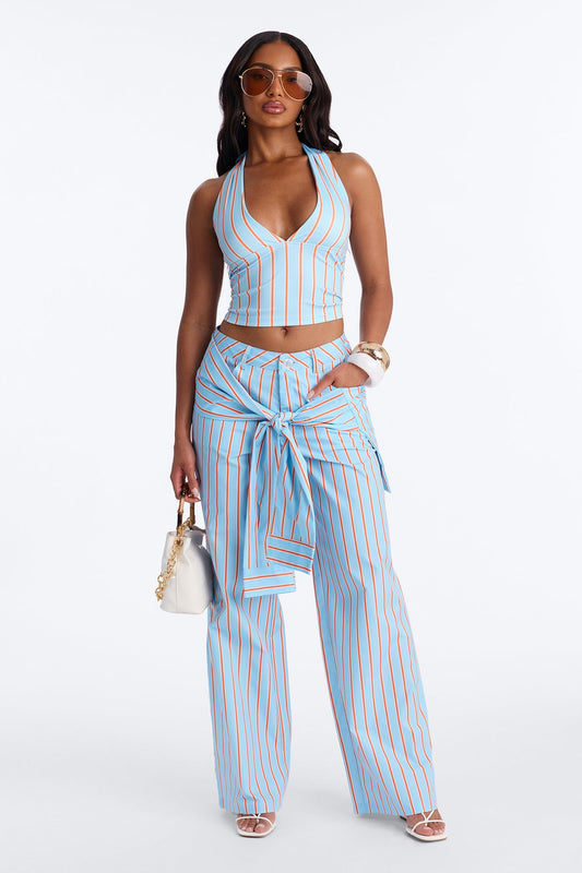 Darla Halter Stripe Tie Waist Pant Set - Blue/combo