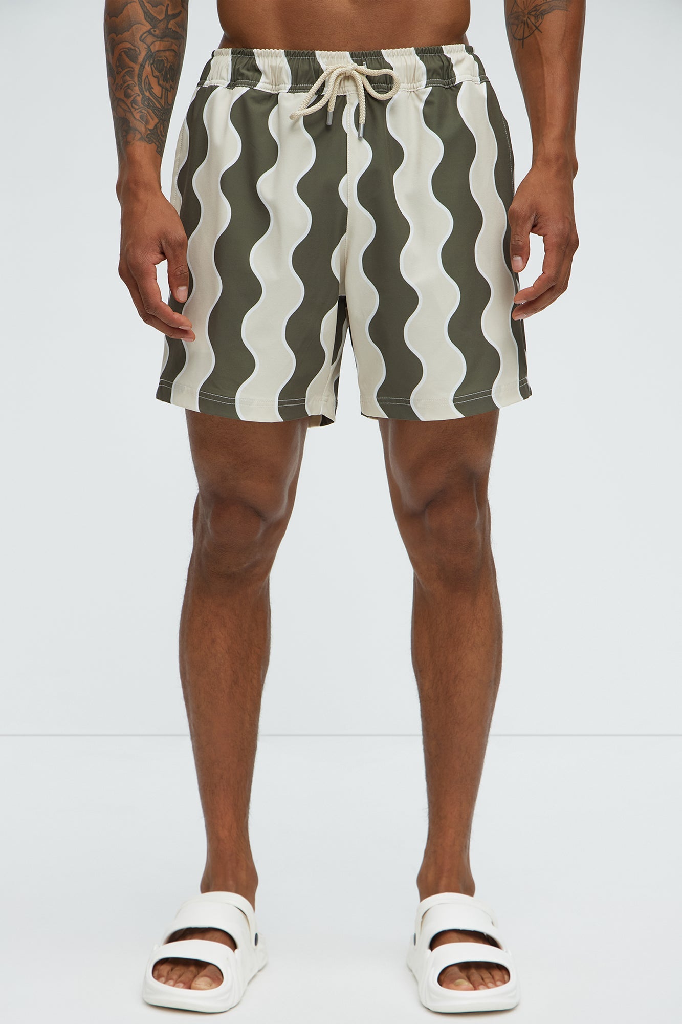 Retro Wavy Swim Mid Trunk - Olive/combo