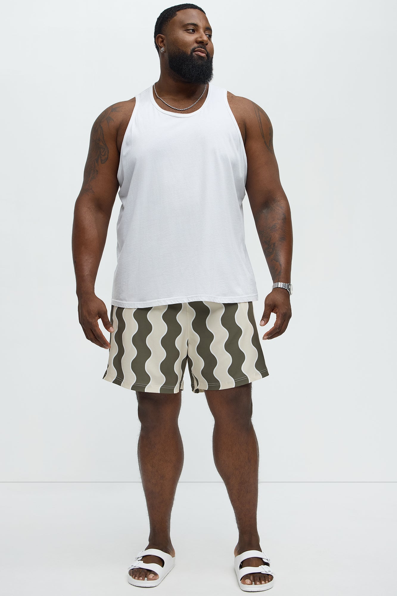 Retro Wavy Swim Mid Trunk - Olive/combo