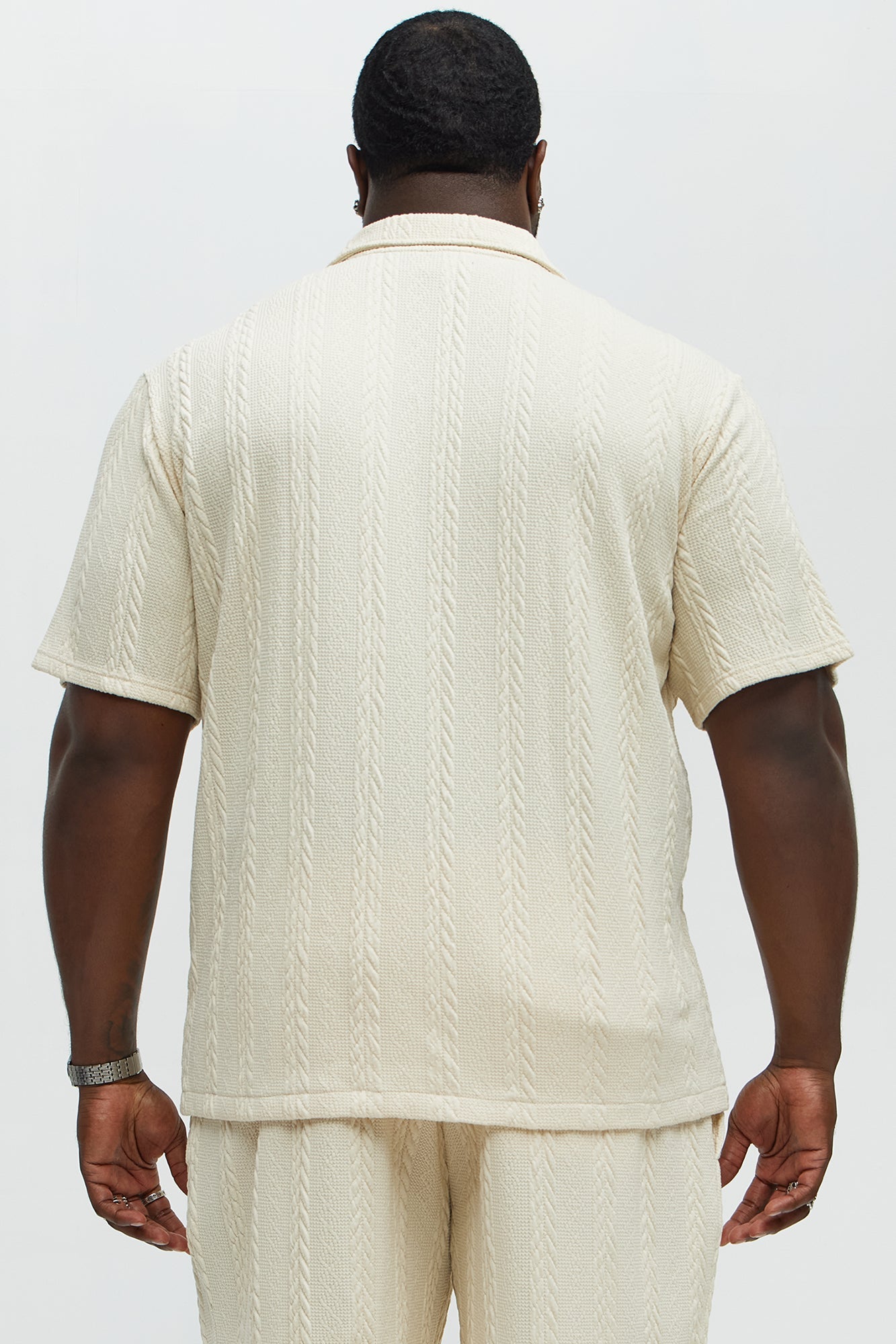 Textured Stripes Cuban Short Sleeve Button Up Shirt - Cream
