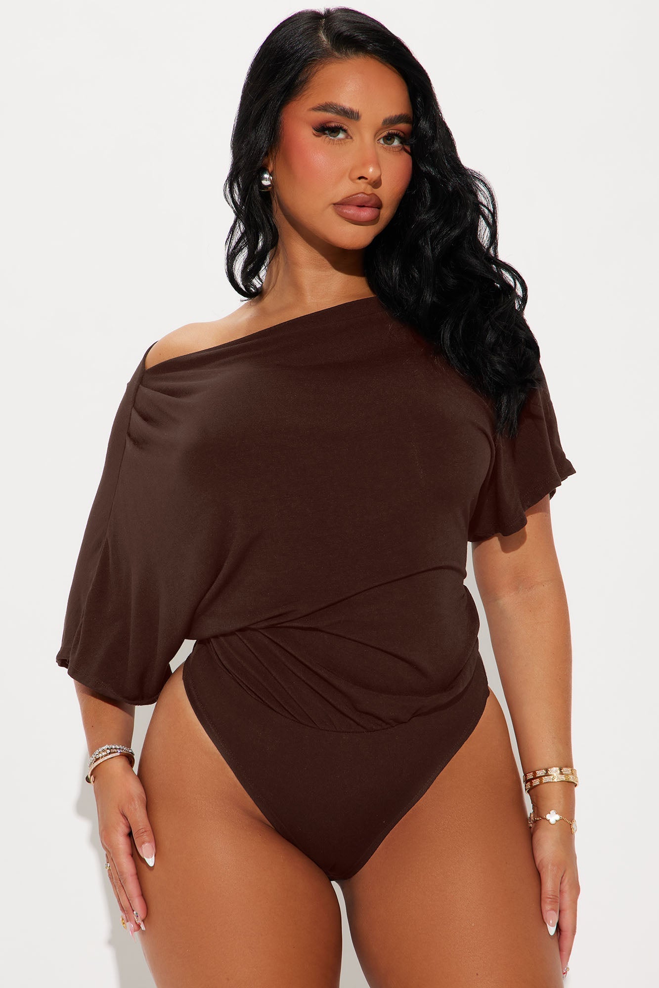 Flatter Me Off Shoulder Bodysuit - Brown NEWFASHIONEDGE