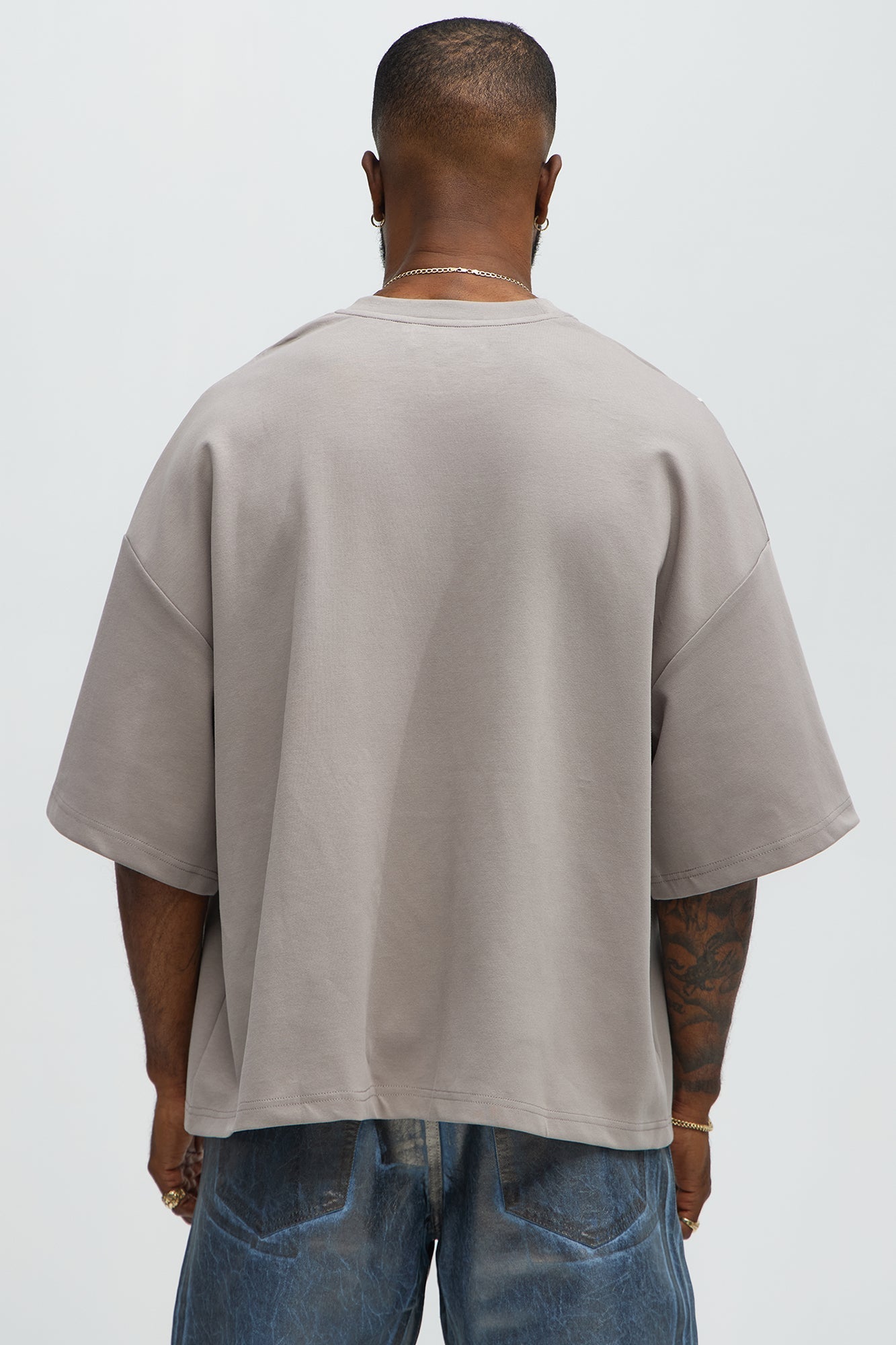 Vertical Wavy Contrast Stitch Boxy Cropped Tee - Taupe