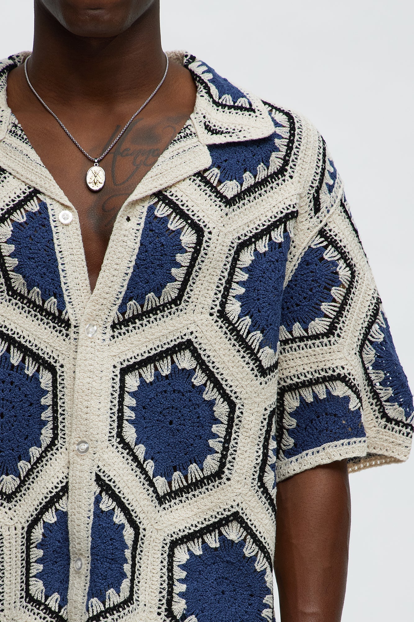 Vacay Vibes Crochet Button Up Shirt - Navy/combo