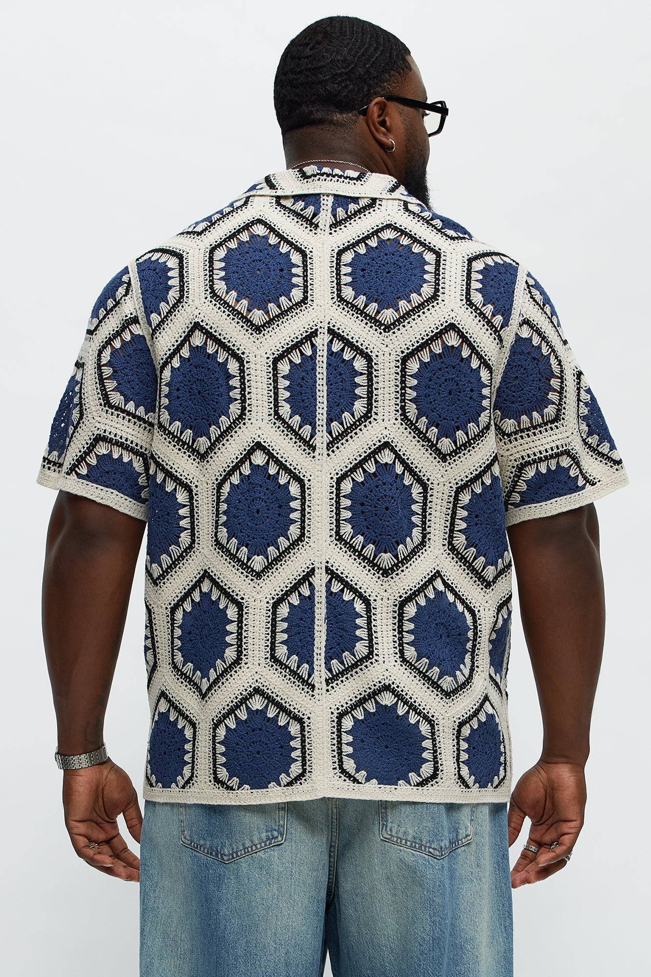 Vacay Vibes Crochet Button Up Shirt - Navy/combo