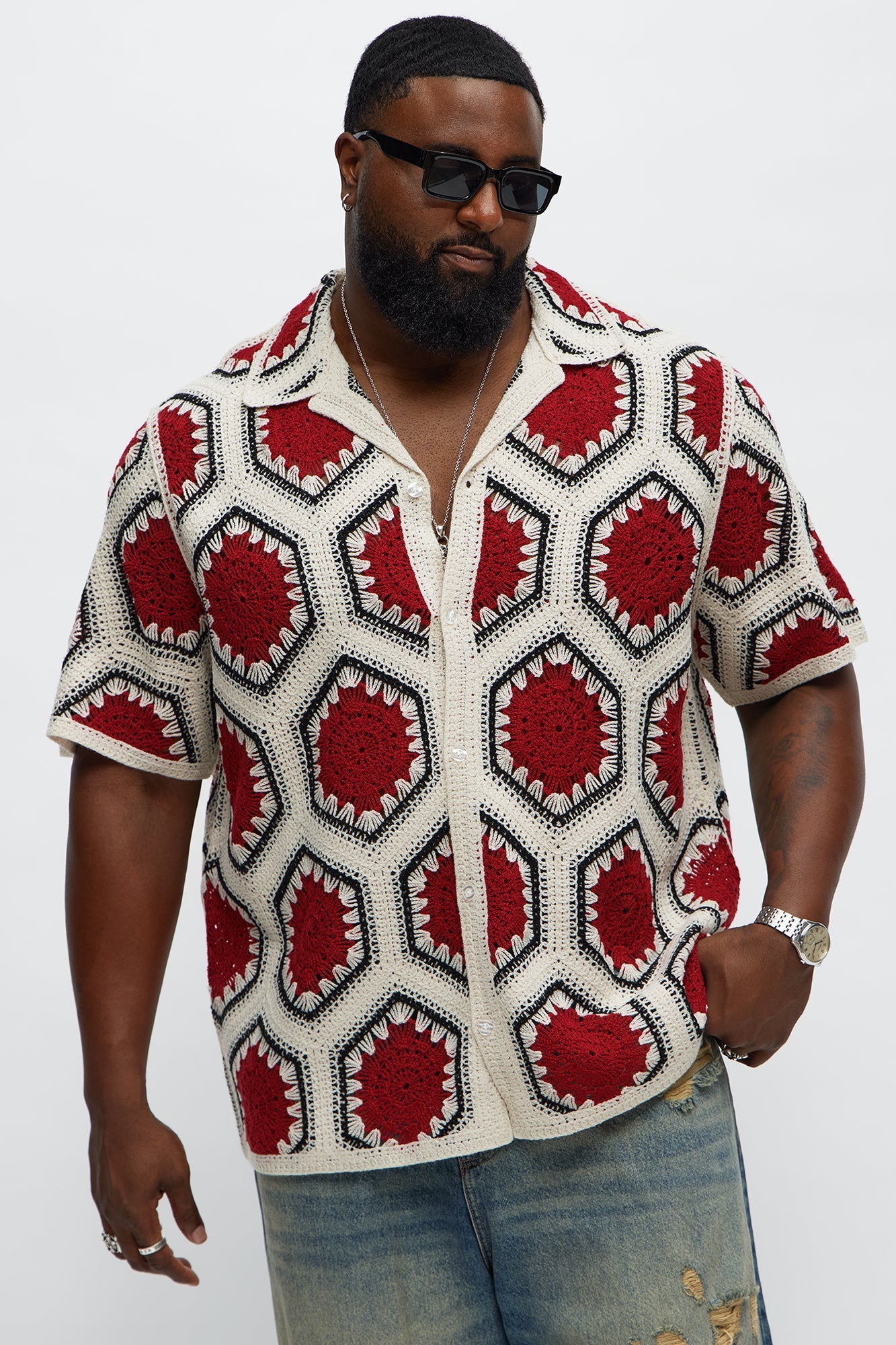 Vacay Vibes Crochet Button Up Shirt - Red/combo