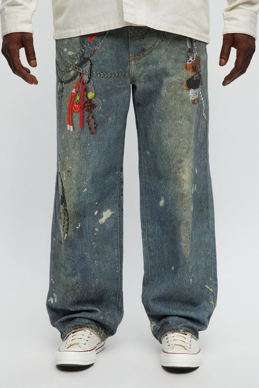 Baggy Rebel Printed Jeans - Medium Blue Wash