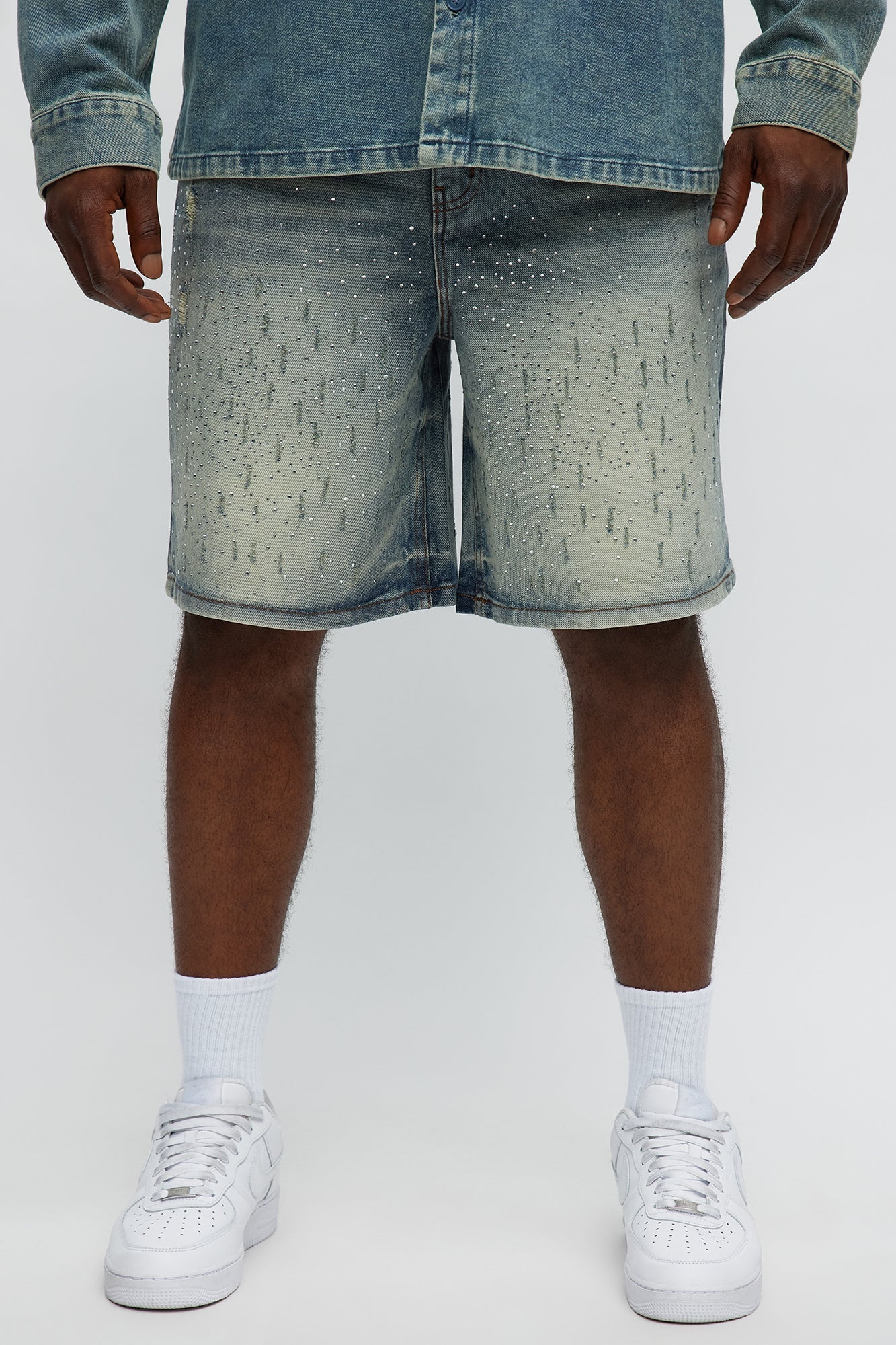 Young Star Jeweled Relaxed Denim Shorts - Medium Blue Wash