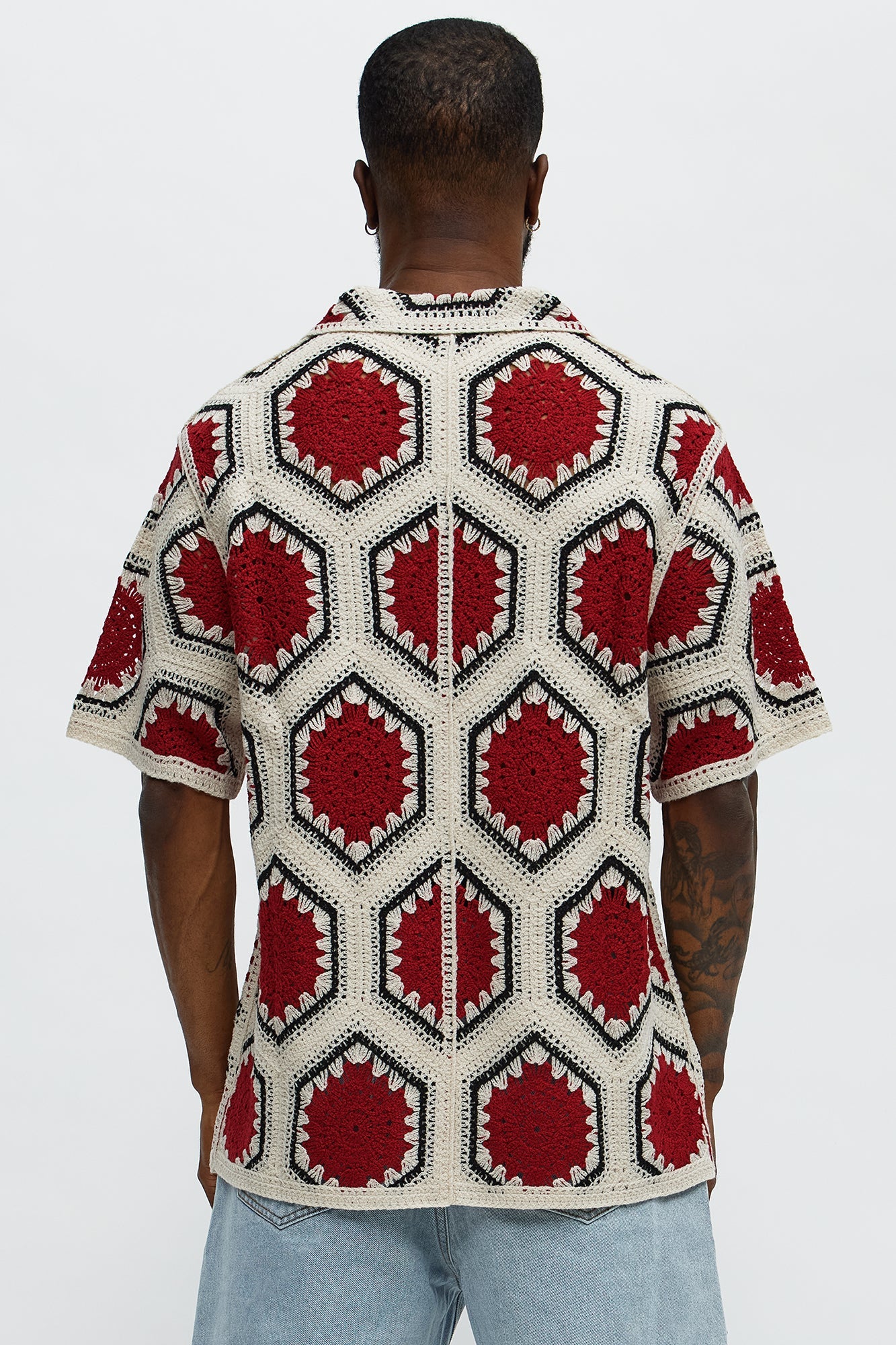 Vacay Vibes Crochet Button Up Shirt - Red/combo