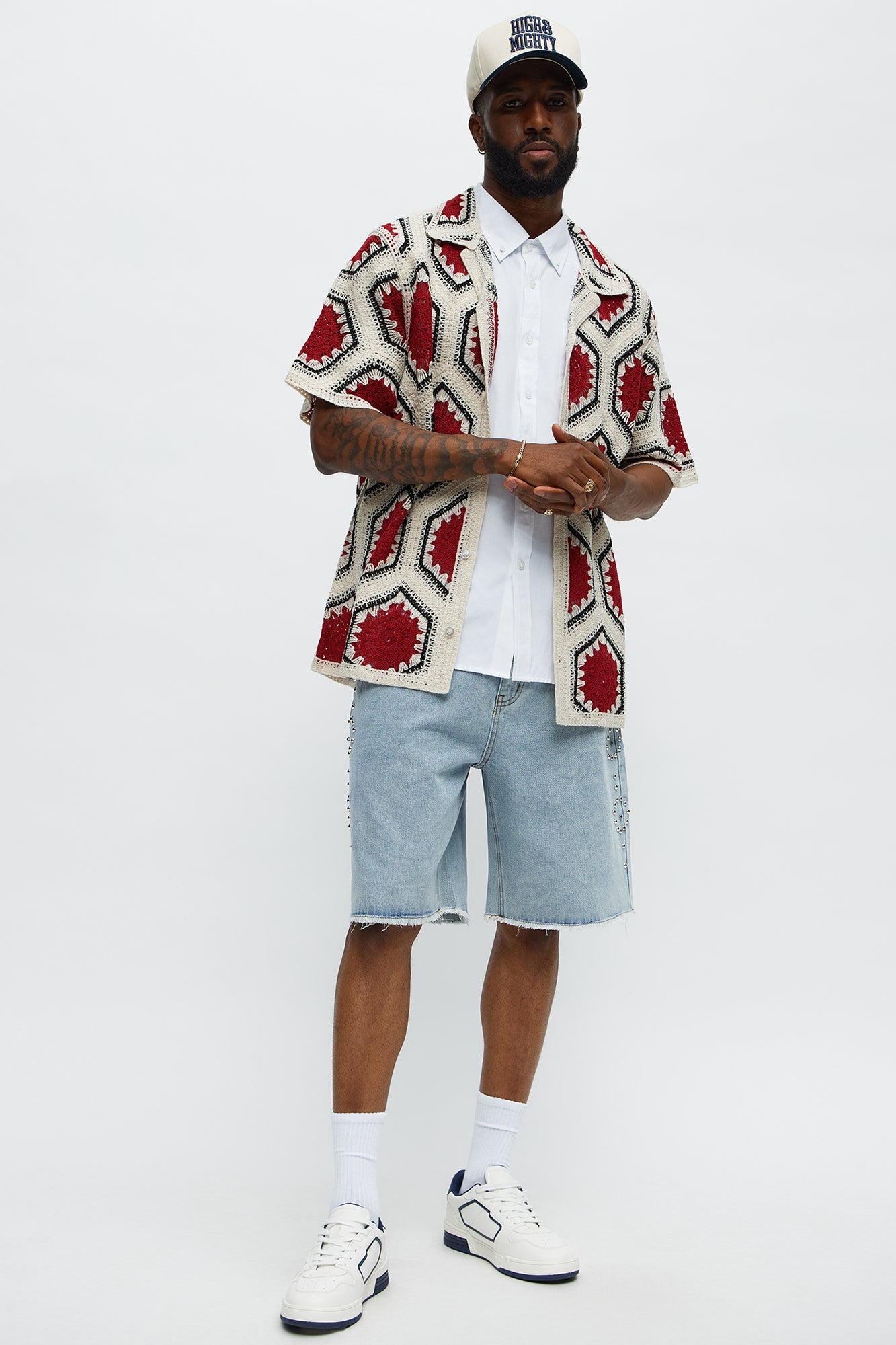 Vacay Vibes Crochet Button Up Shirt - Red/combo
