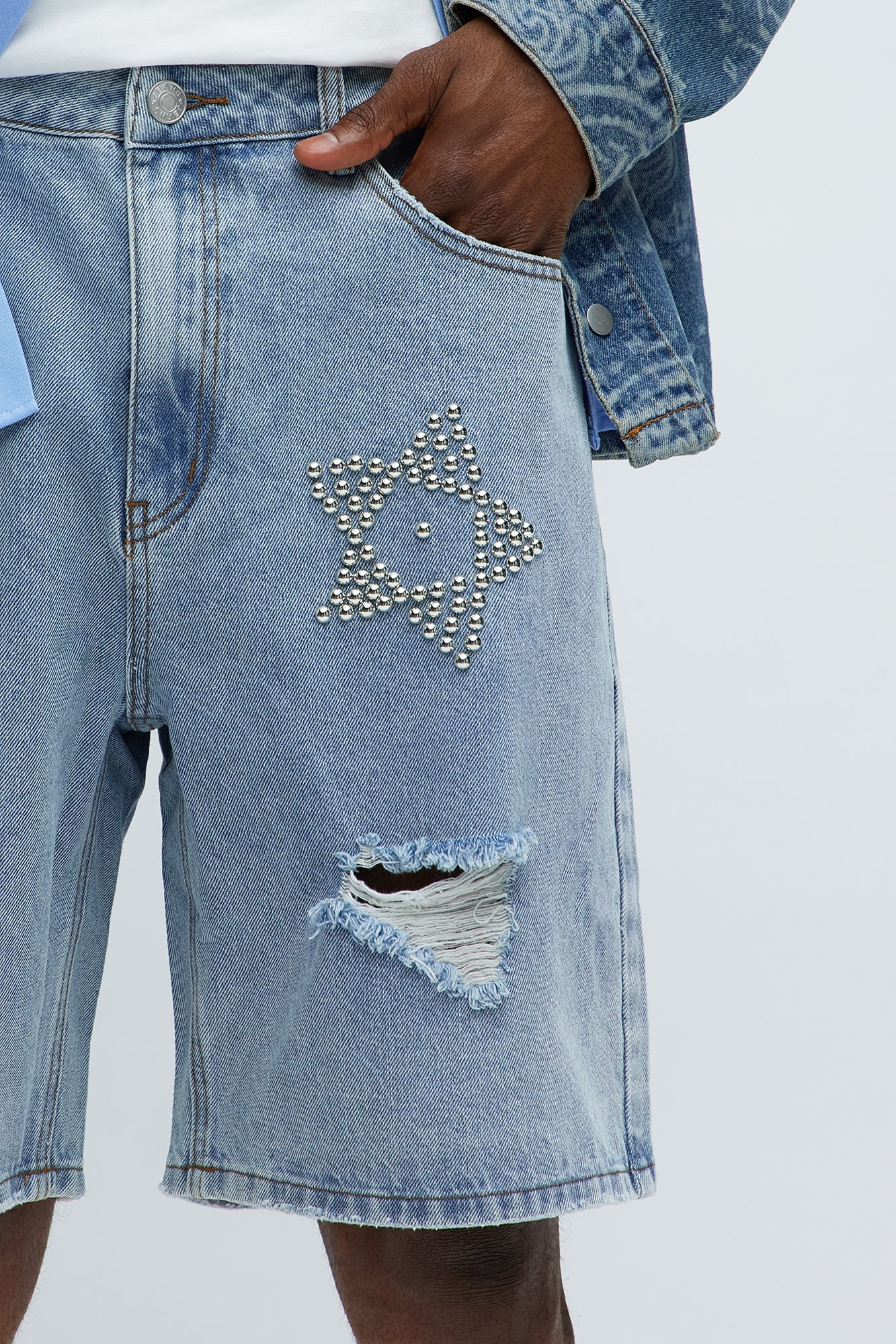 Relaxed Star Studded Denim Shorts - Light Blue Wash