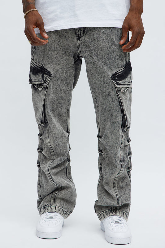 Stacked Slim Flare Street Edge Cargo Jeans - Black Wash