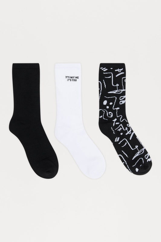 Graphic Crew Socks 3 Pack - White/Black
