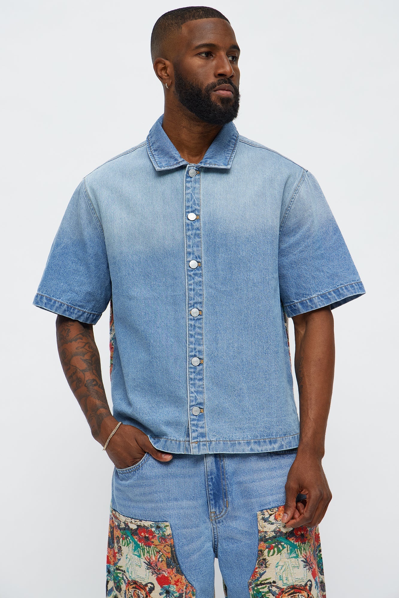 Relaxed Ansel Tapestry Denim Short Sleeve Shirt - Blue/combo
