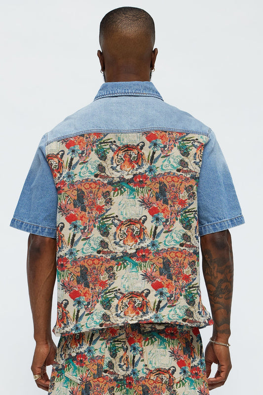 Relaxed Ansel Tapestry Denim Short Sleeve Shirt - Blue/combo