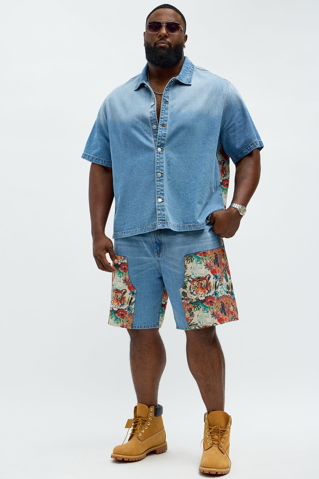 Relaxed Ansel Tapestry Carpenter Denim Shorts - Blue/combo