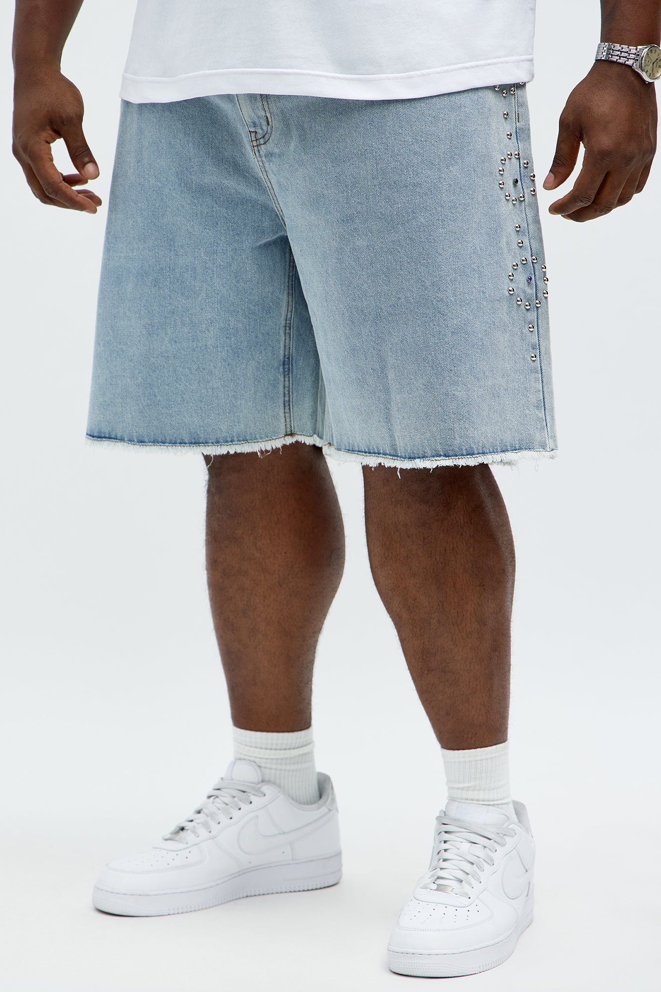 Relaxed Come In Clutch Studded Denim Shorts - Light Blue Wash