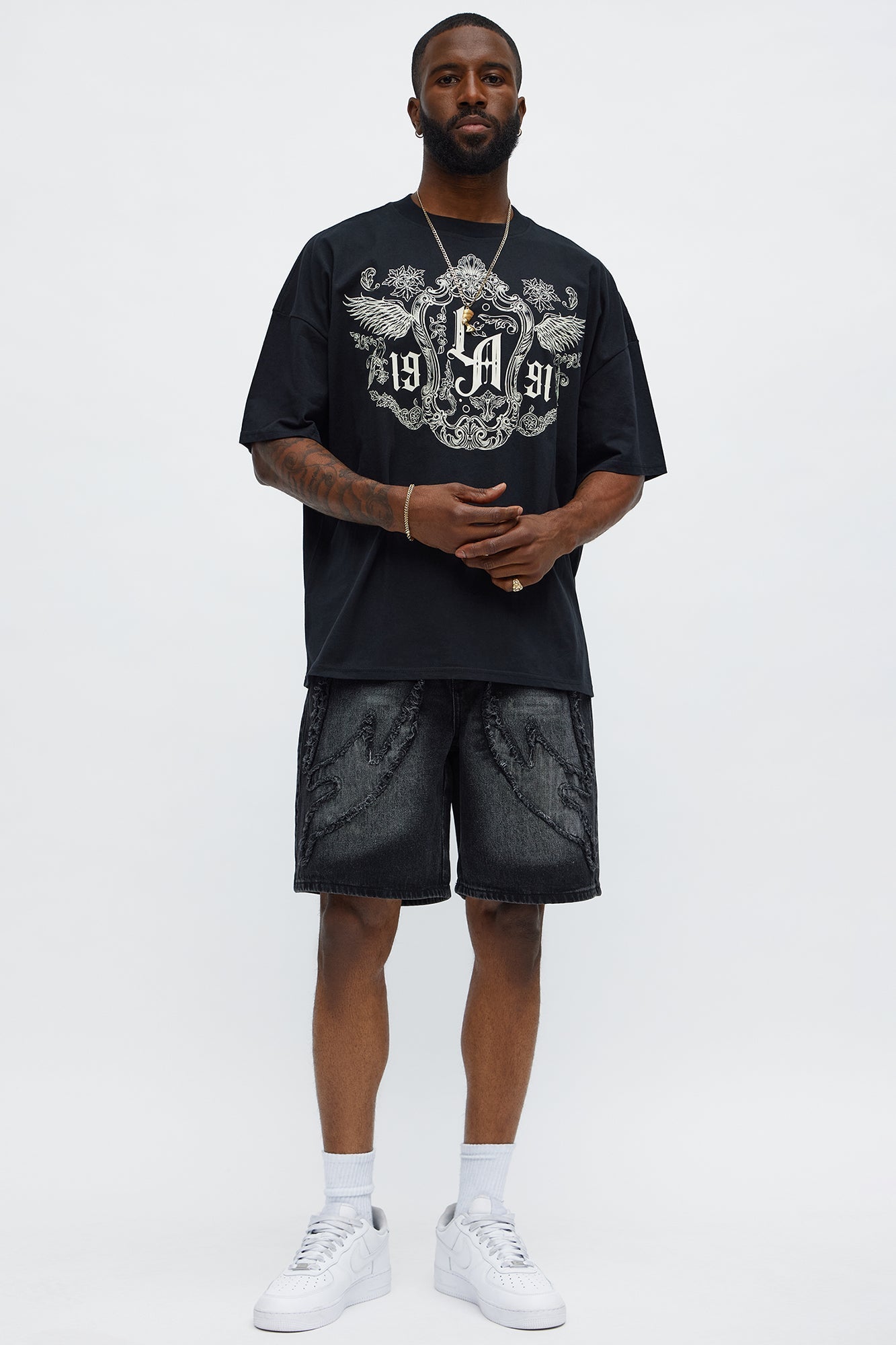 Relaxed Rugged Fray Denim Shorts - Black Wash