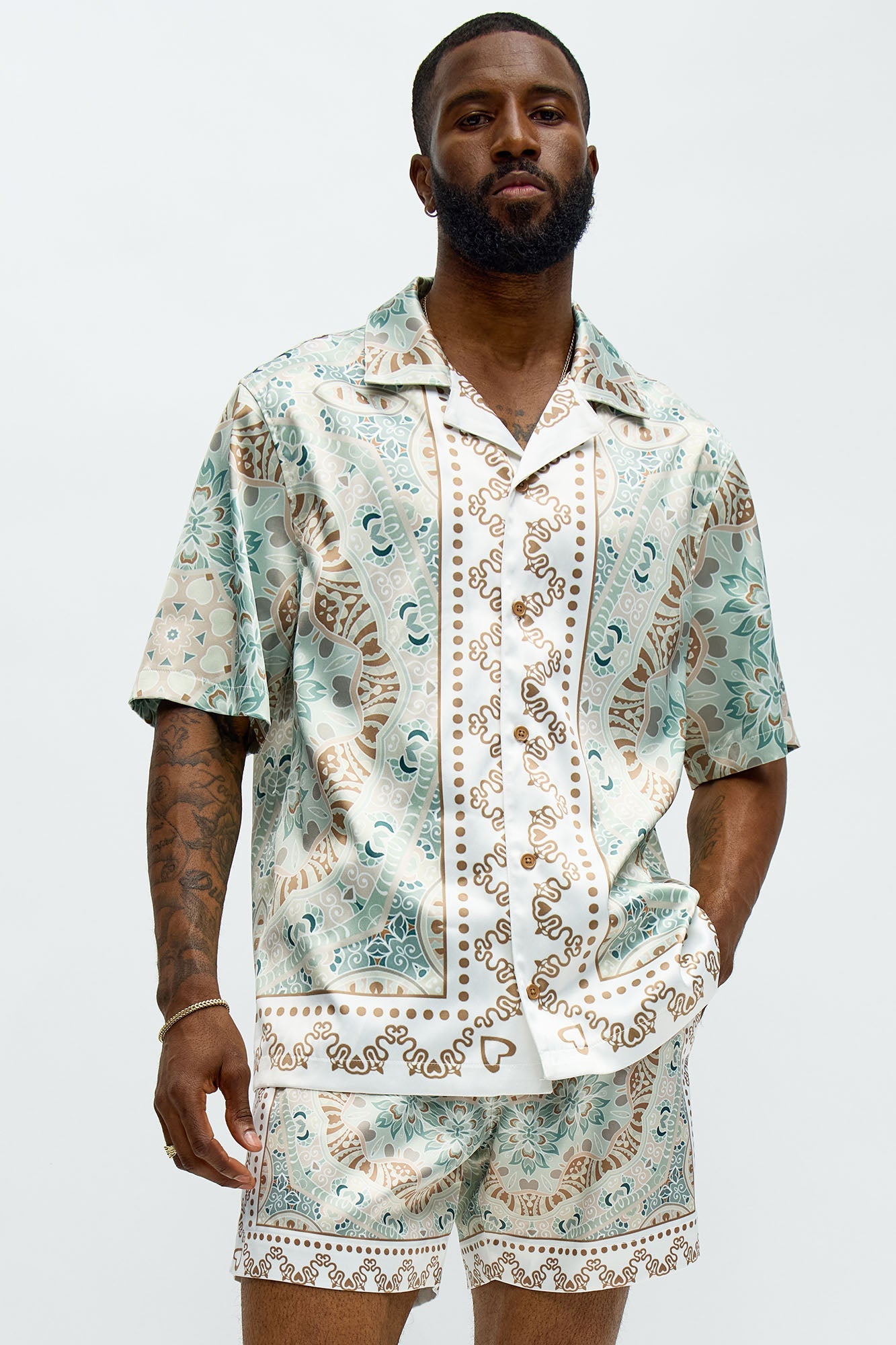 Green Love Button Up Shirt - Sage/combo
