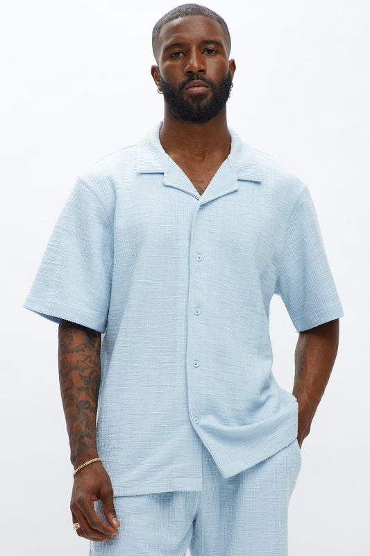 Dean Textured Short Sleeve Button Up Shirt - Light Blue