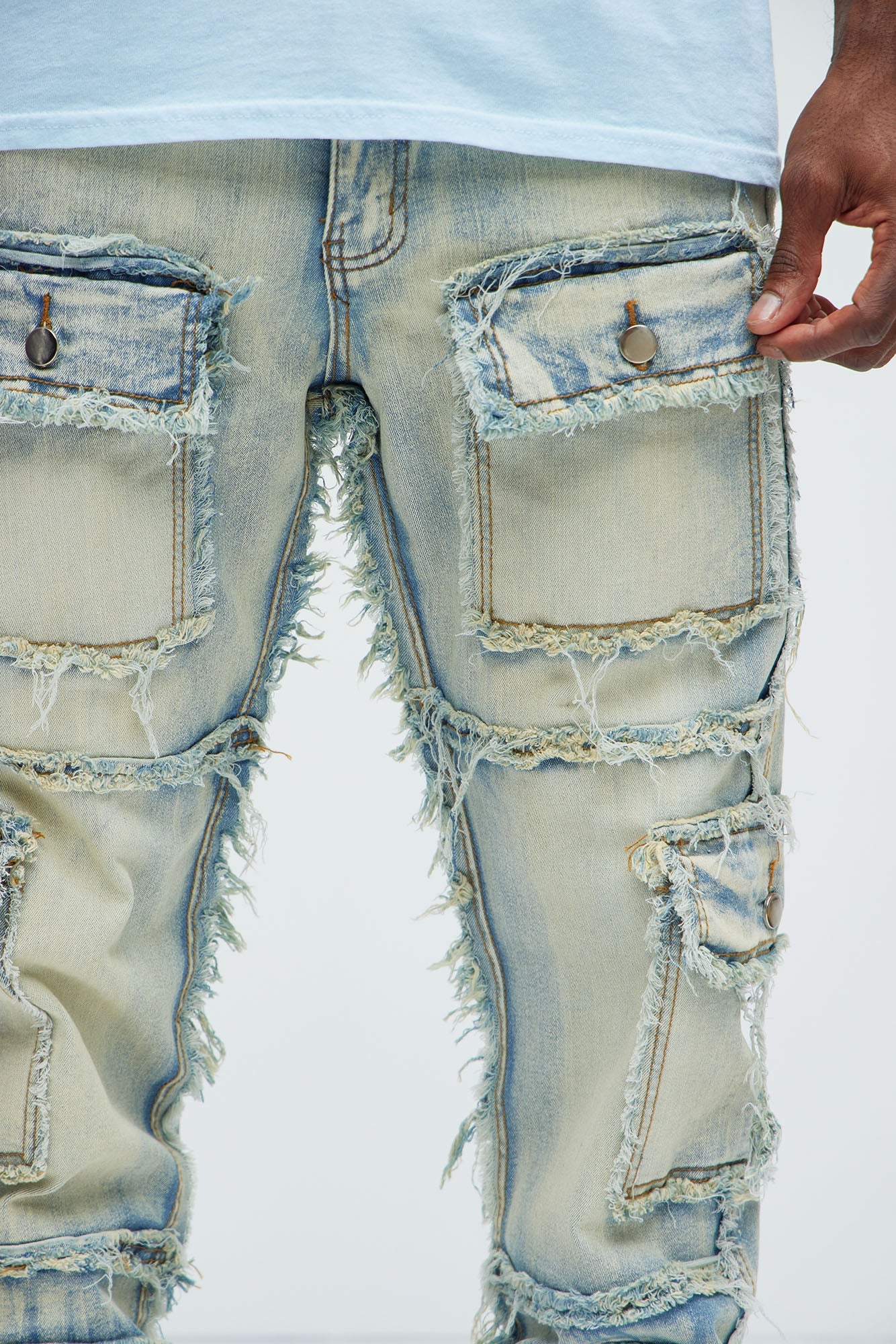 One Way Cargo Frayed Straight Jeans - Medium Wash