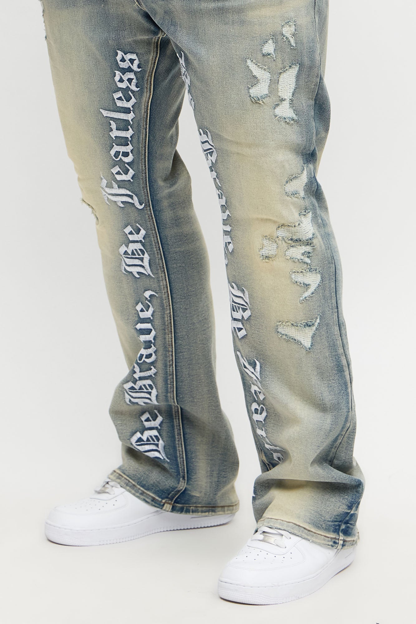 Stacked Skinny Flare Be Brave Be Fearless Embridered Jean - Vintage Blue Wash