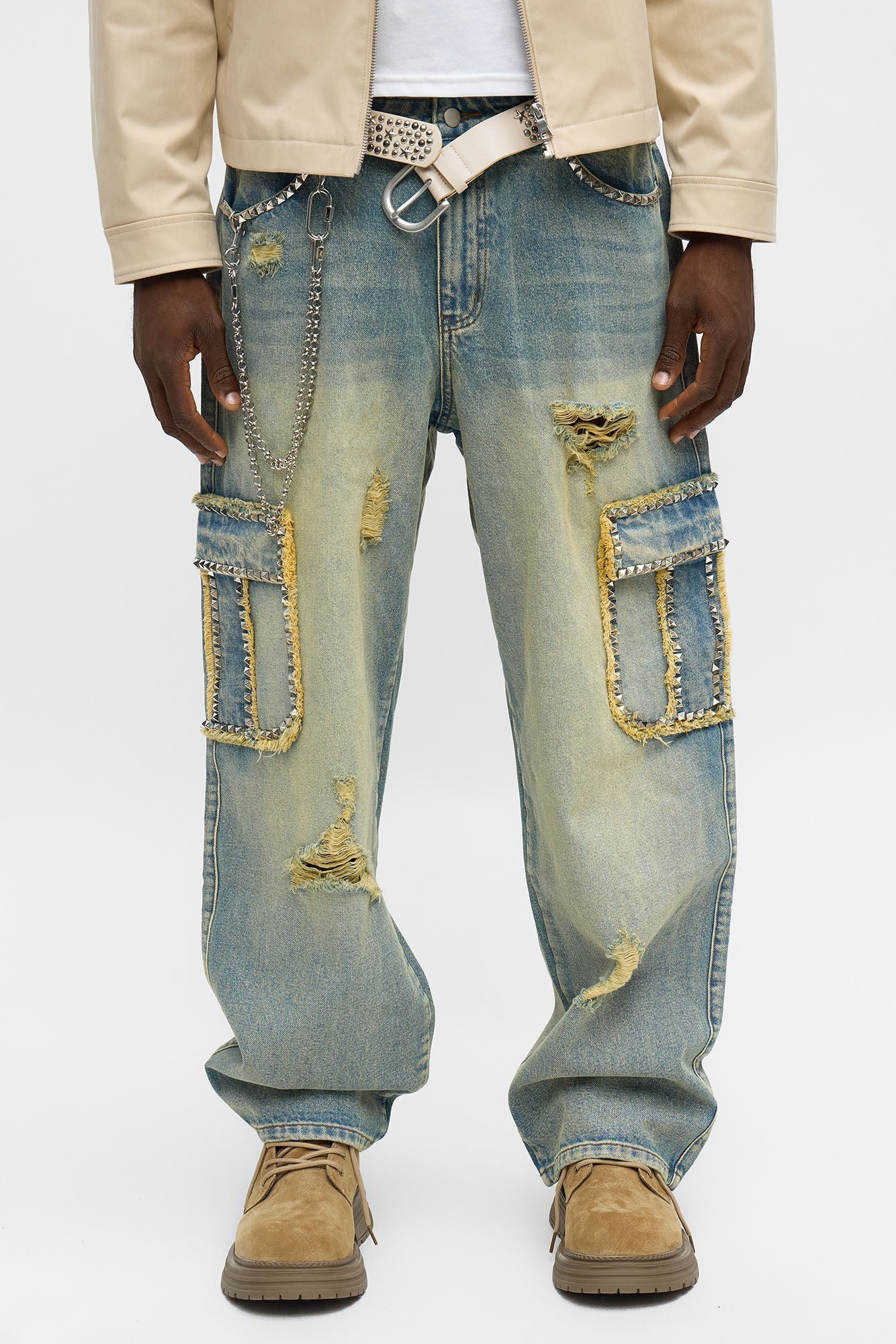 Baggy Studded Way Cargo Jean - Vintage Wash