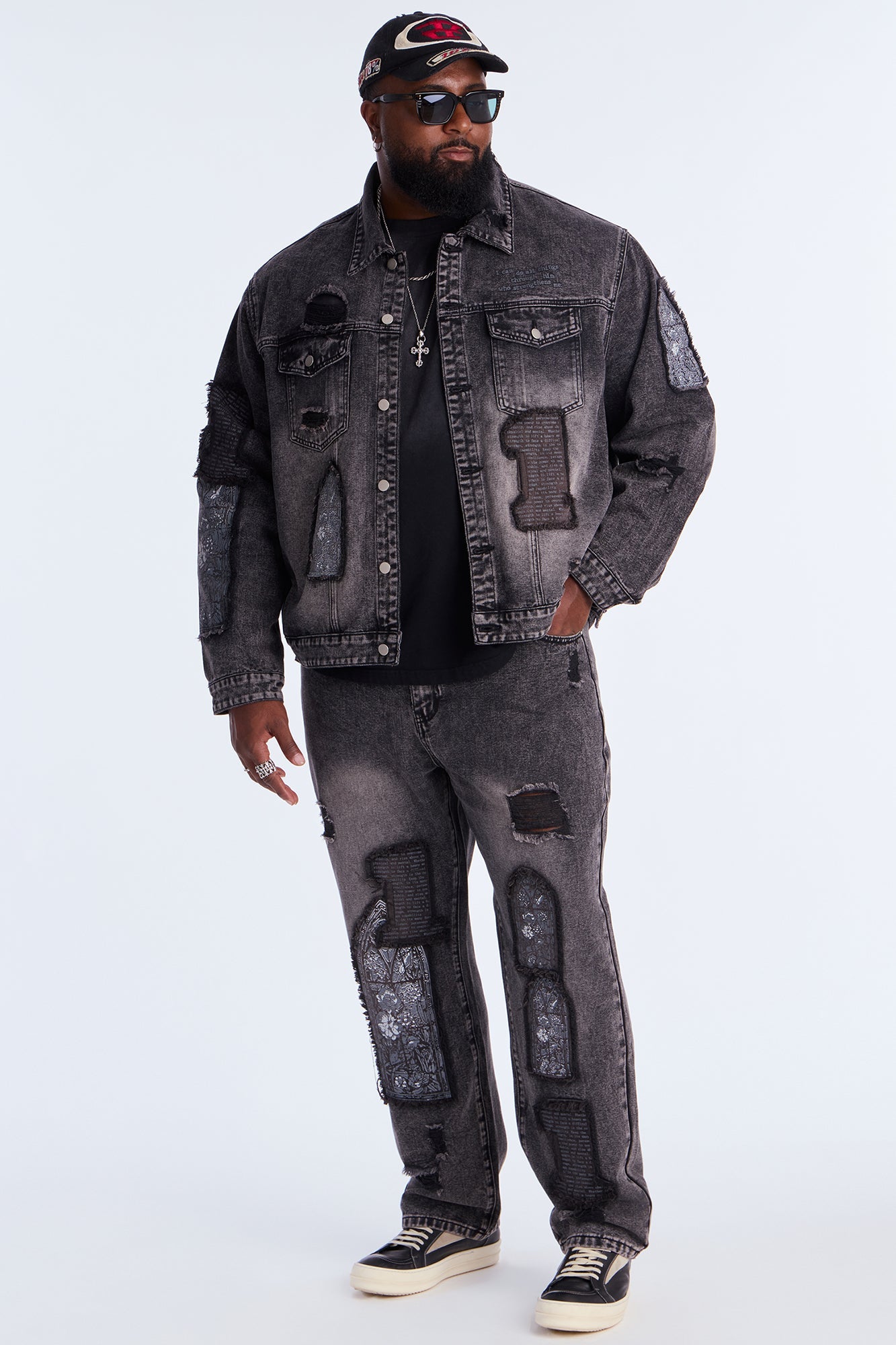 In Due Time Patched Distressed Denim Trucker Jacket - Black Wash