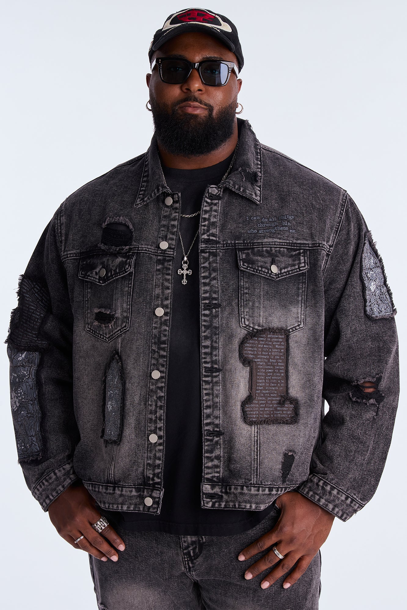 In Due Time Patched Distressed Denim Trucker Jacket - Black Wash