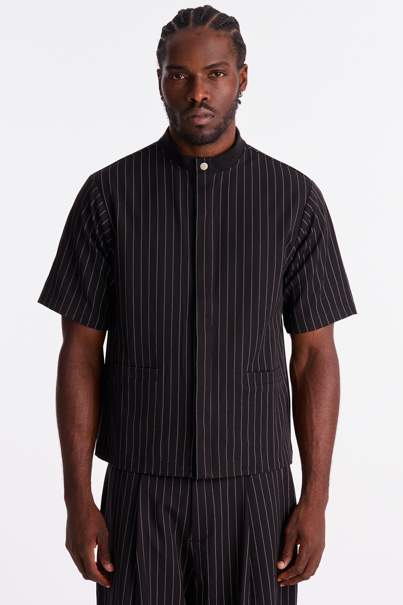 Straight Striped Mandarin Short Sleeve Shirt - Black