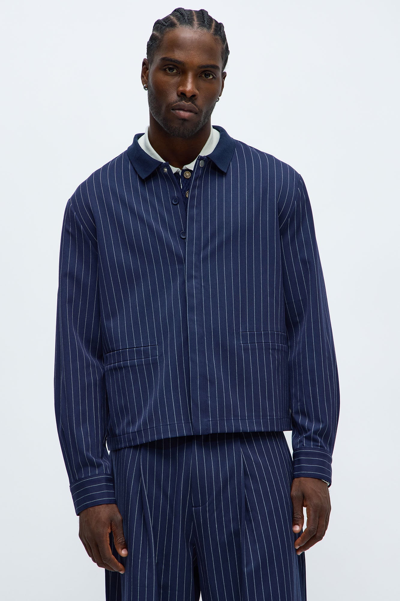 Straight Striped Elevated Shirt Jacket - Navy