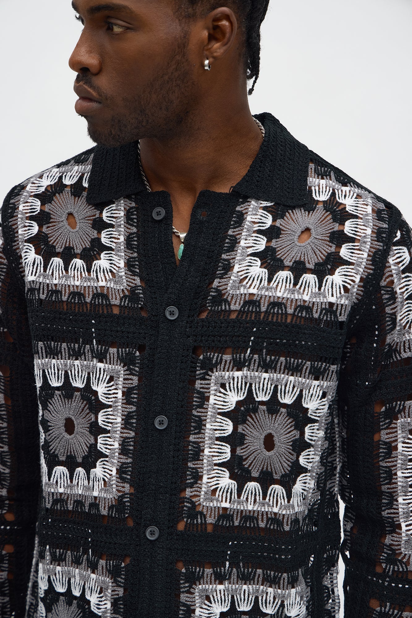 Crochet Stay Button Up Shirt - Black