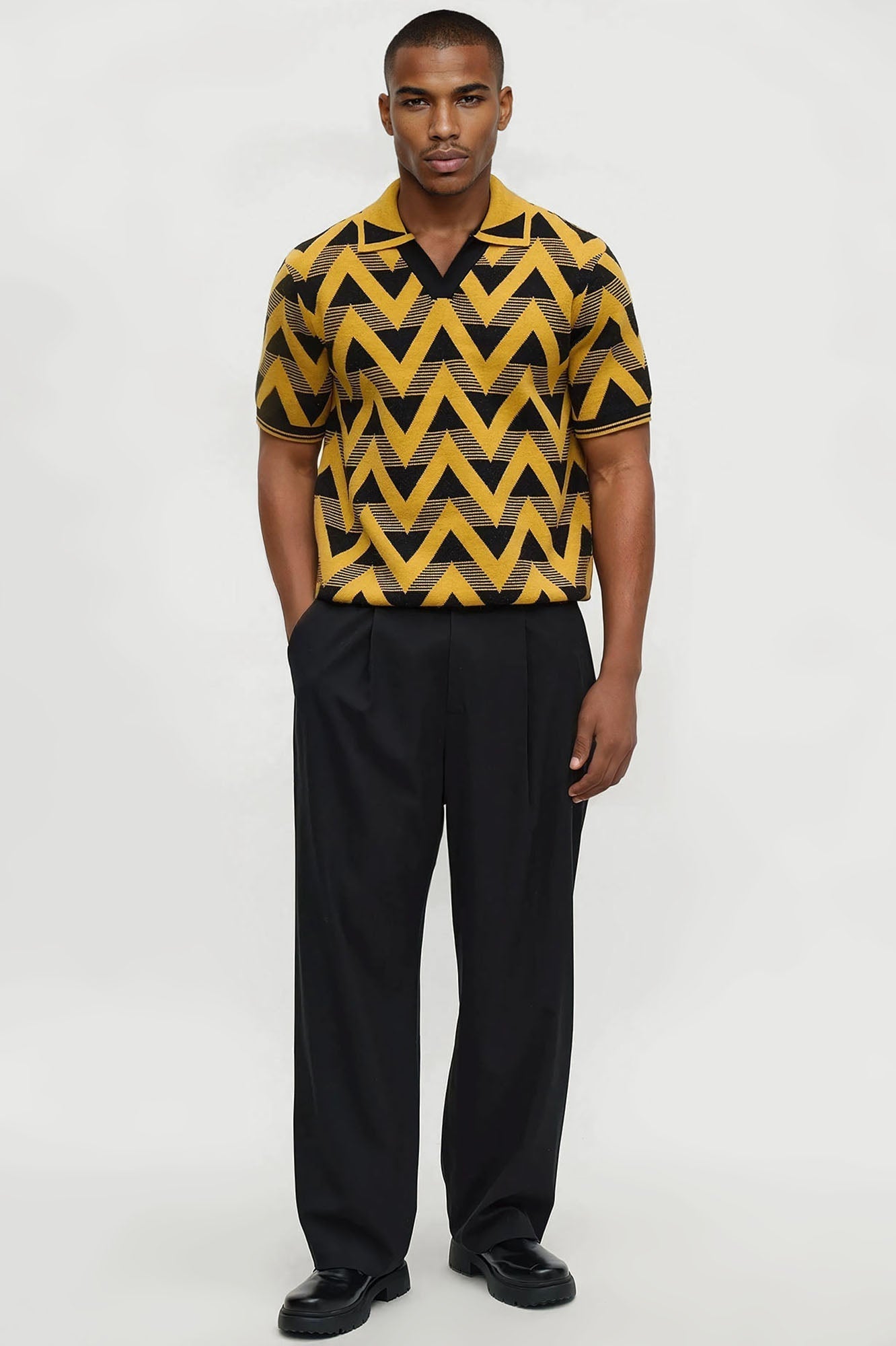 Charlie Johnny Collar Knitted Polo - Yellow/combo