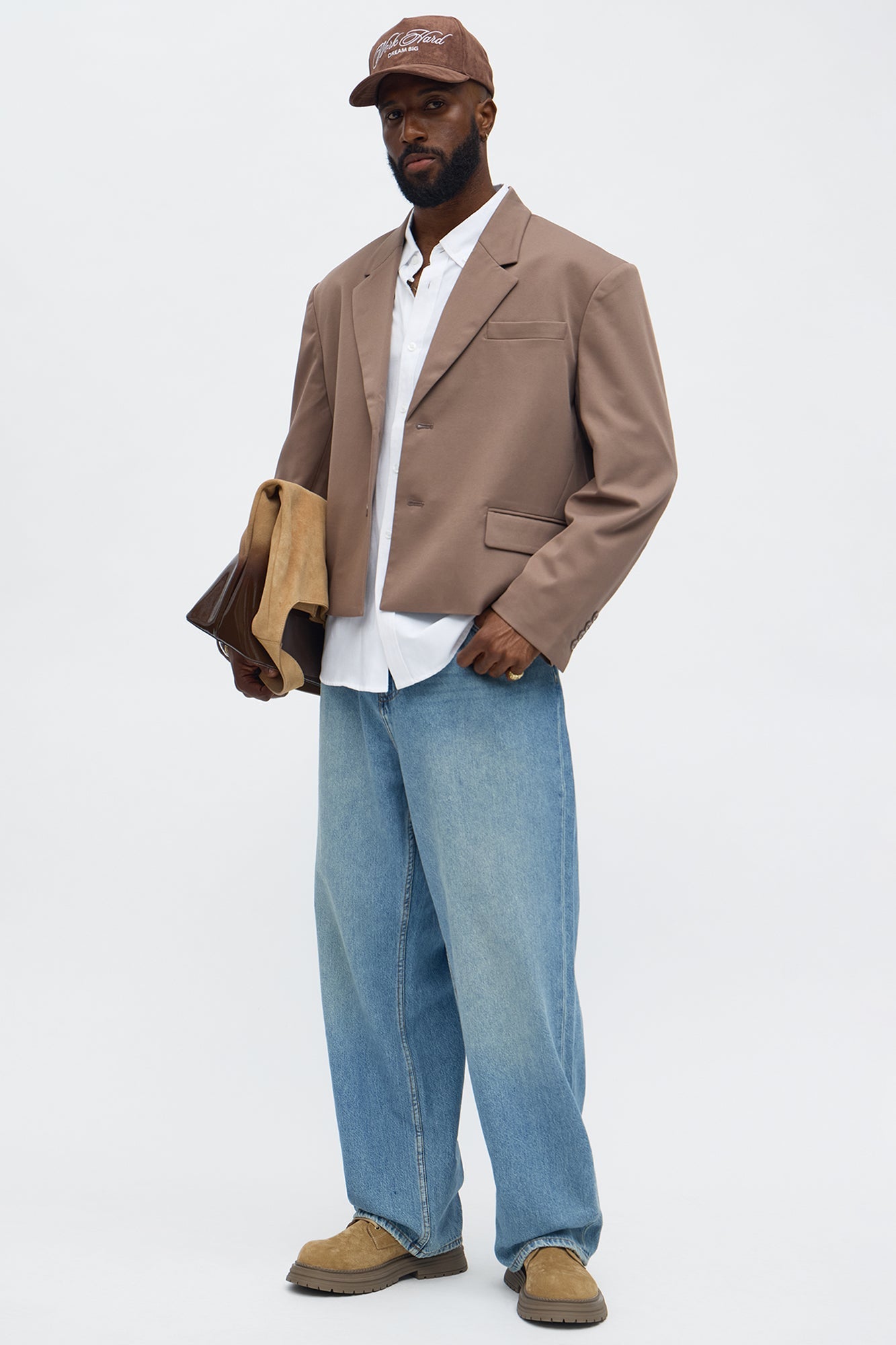 Gabardine Boxy Cropped Single Breasted Blazer - Taupe