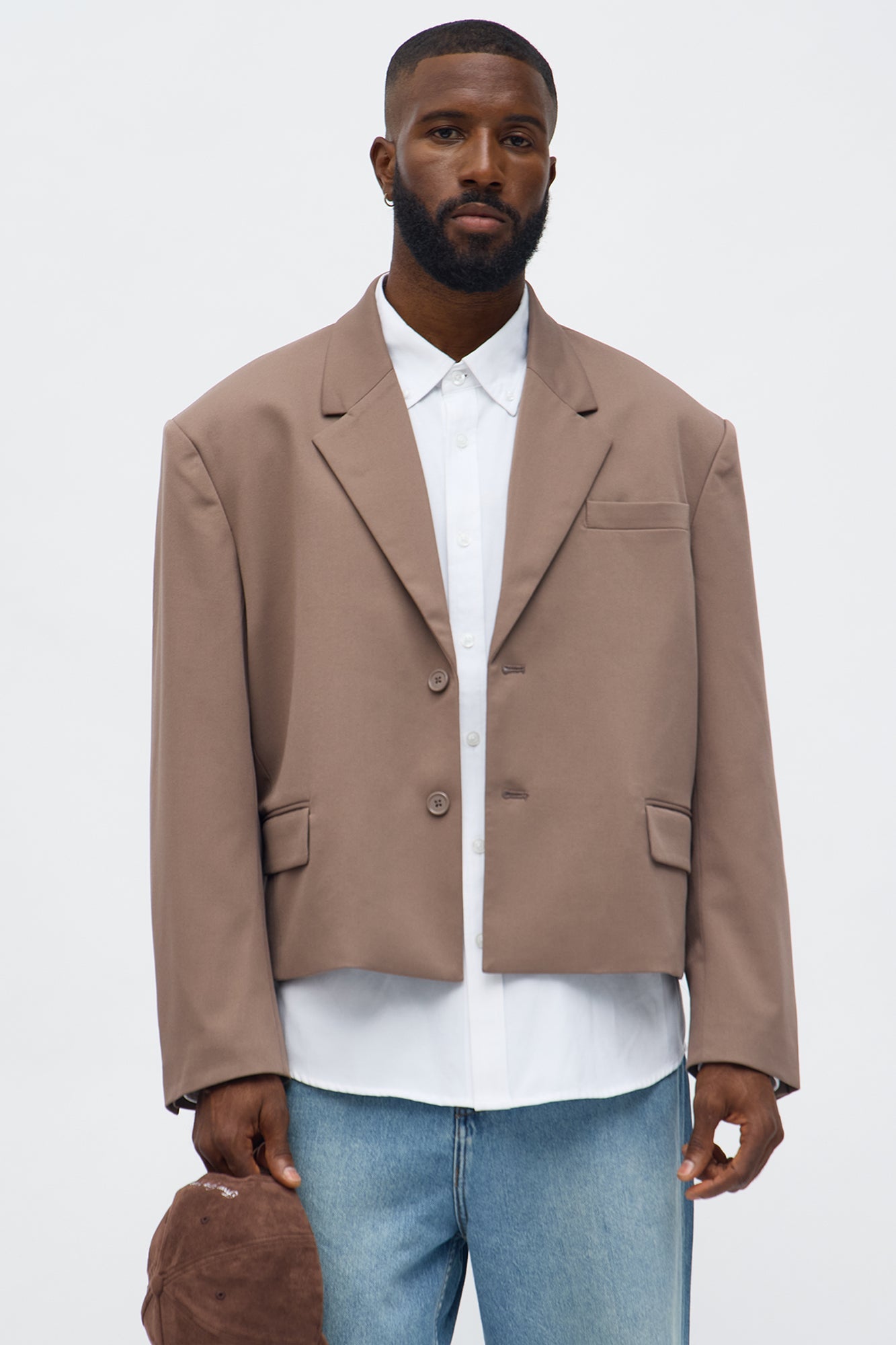 Gabardine Boxy Cropped Single Breasted Blazer - Taupe
