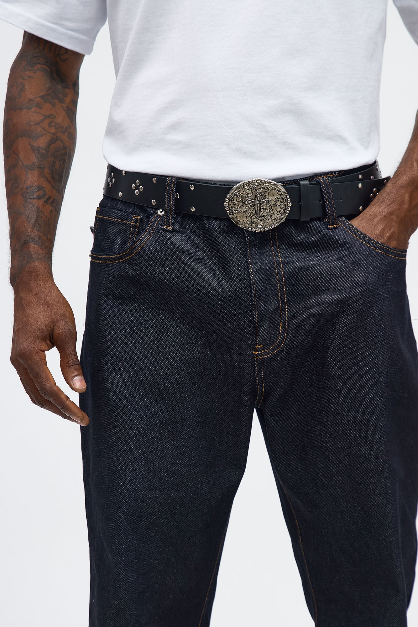 Cross Buckle Studded Faux Leather Belt - Black