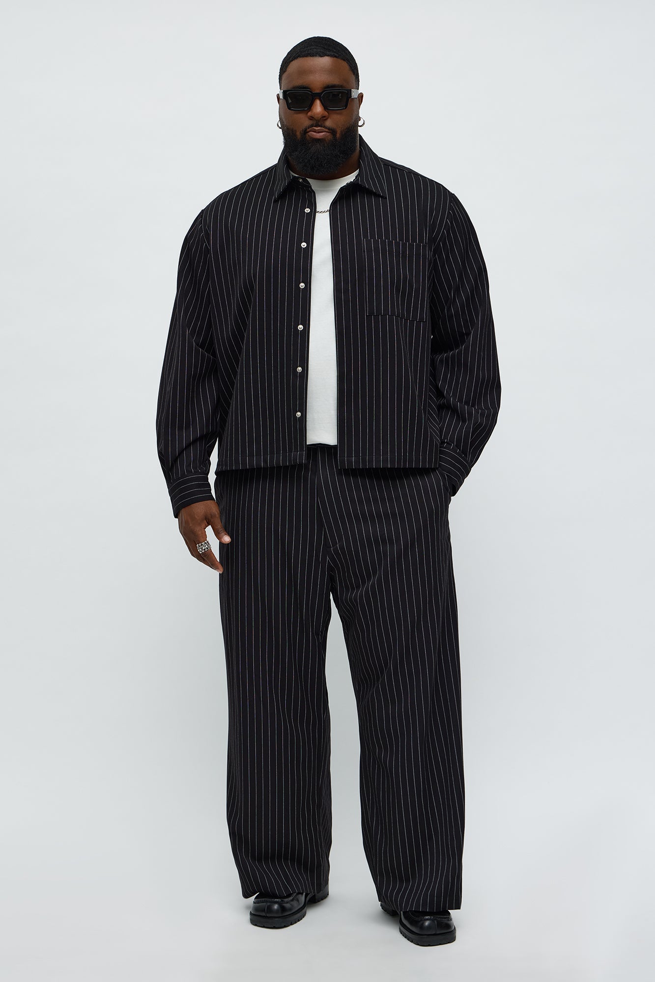 Wide Leg Straight Striped Trouser - Black
