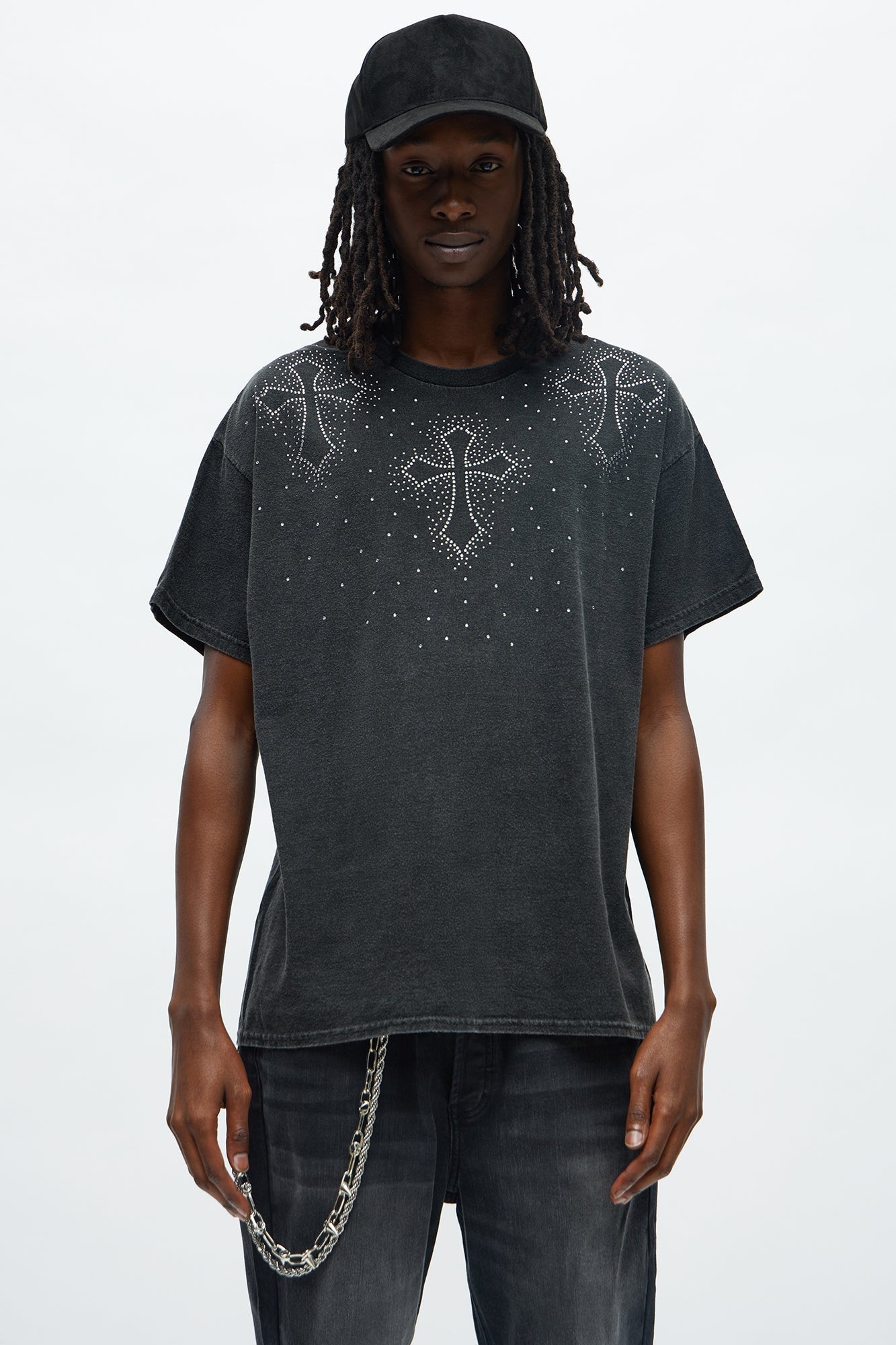 Cross Rhinestones Oversized Short Sleeve Tee - Black