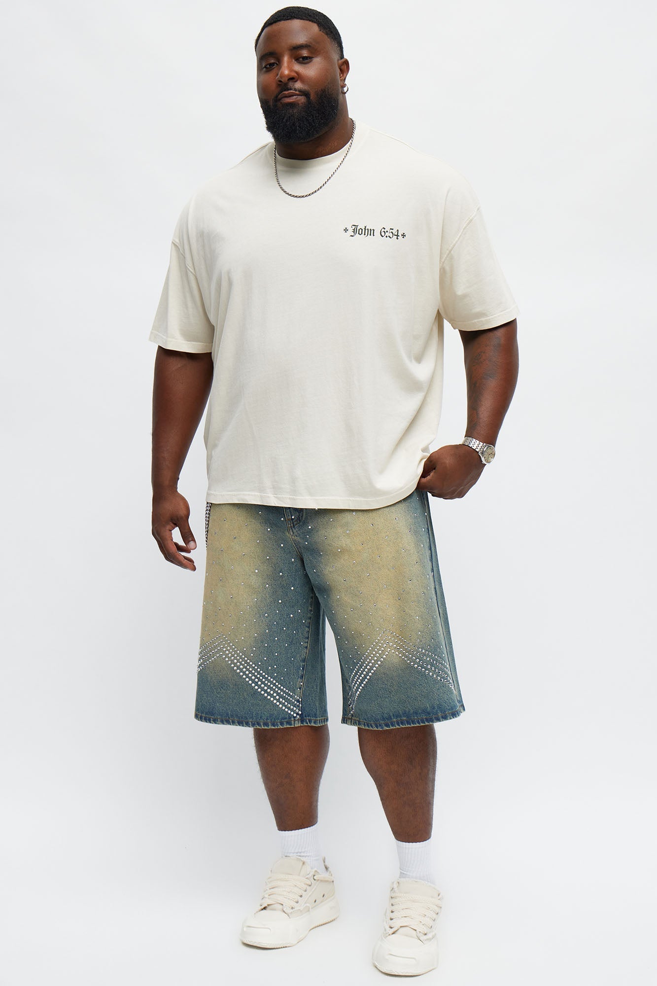 Baggy Notch Jeweled Denim Short - Vintage Blue Wash