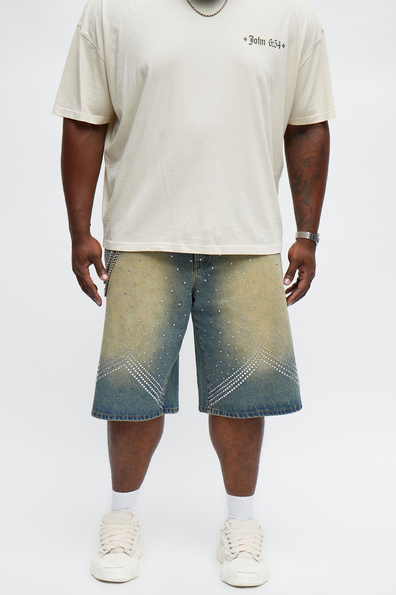 Baggy Notch Jeweled Denim Short - Vintage Blue Wash