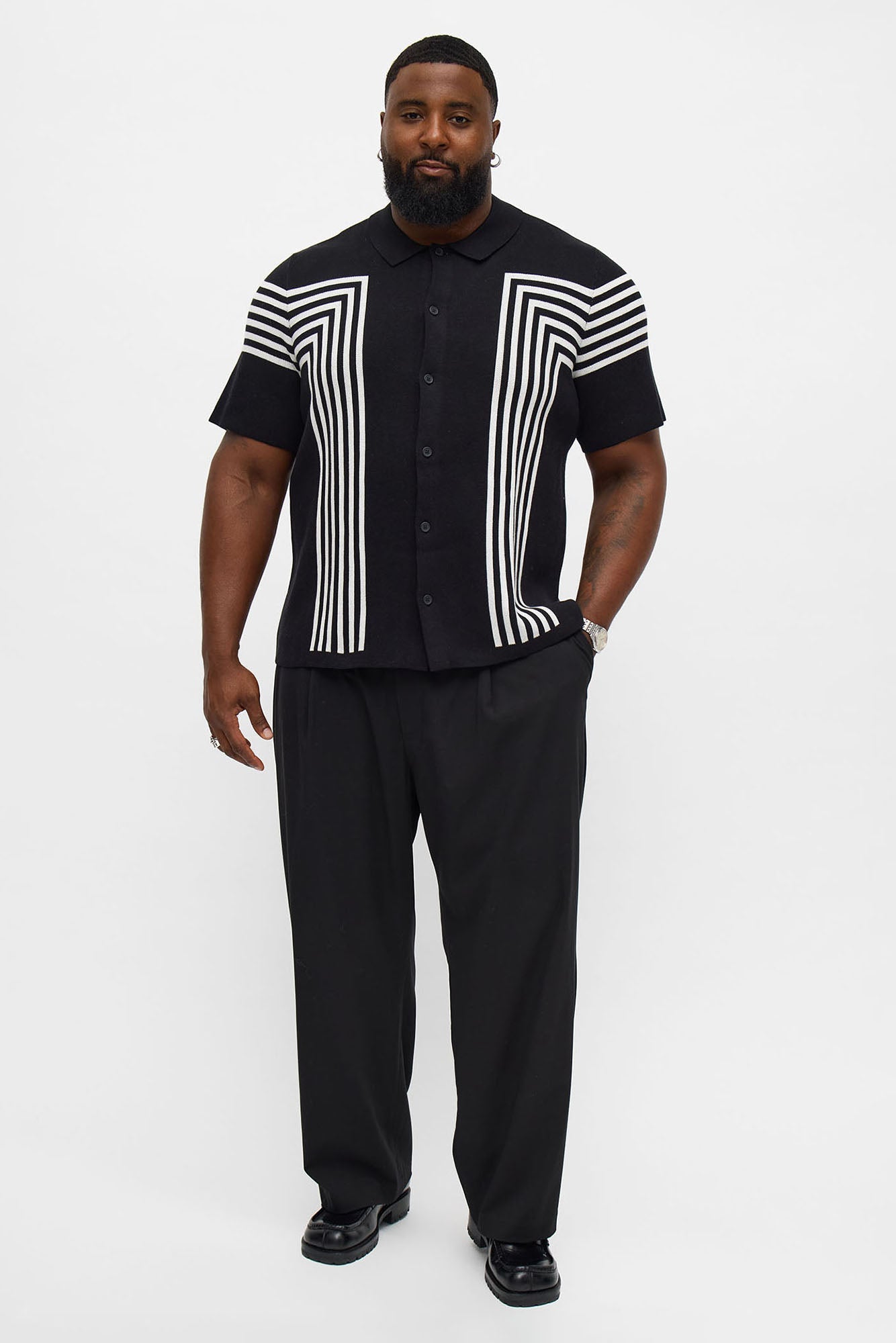 All Of The Lines Button Up Knit Polo Shirt - Black/combo