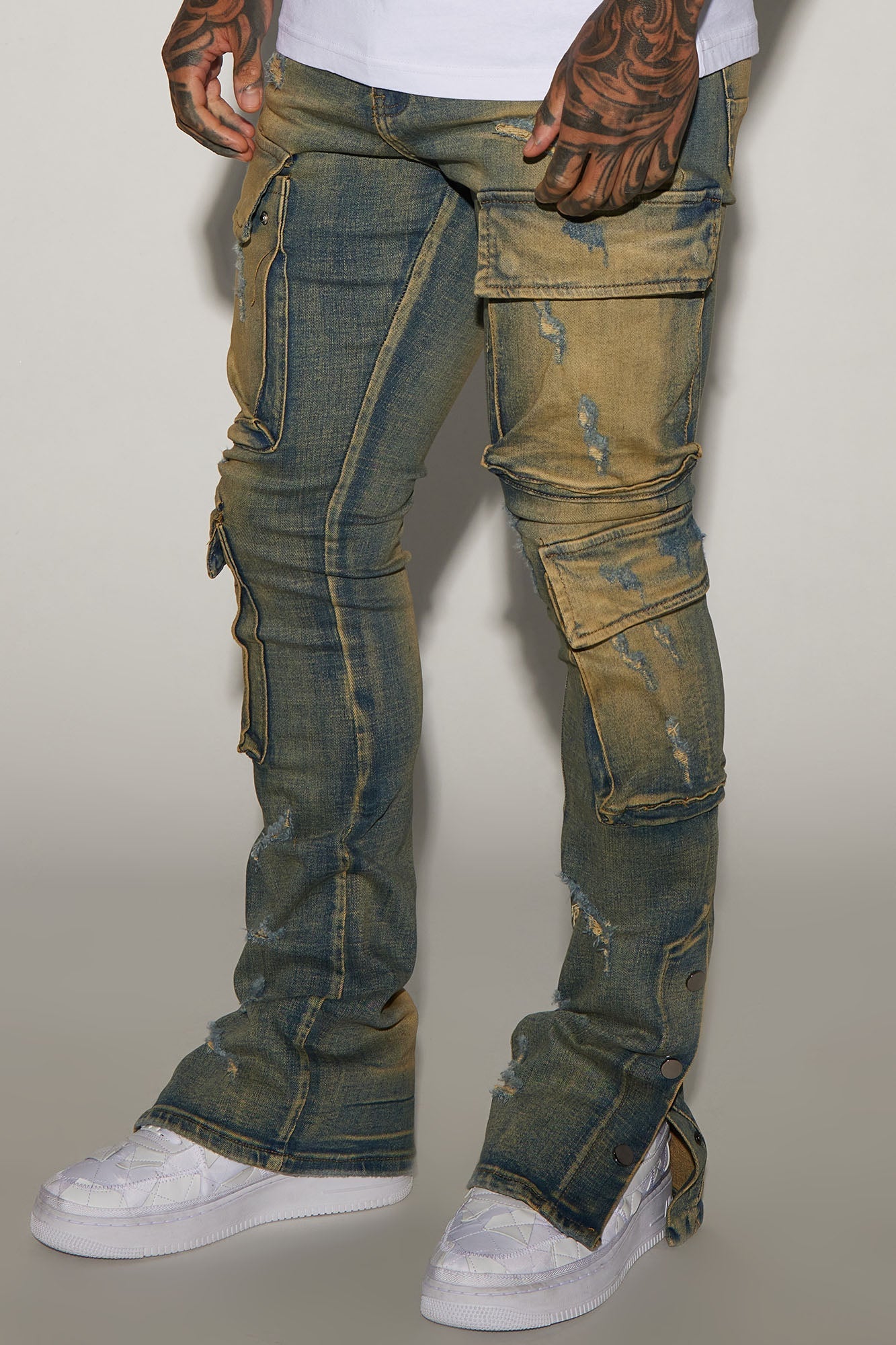 On The Set Stacked Skinny Snap Flare Jeans - Vintage Wash