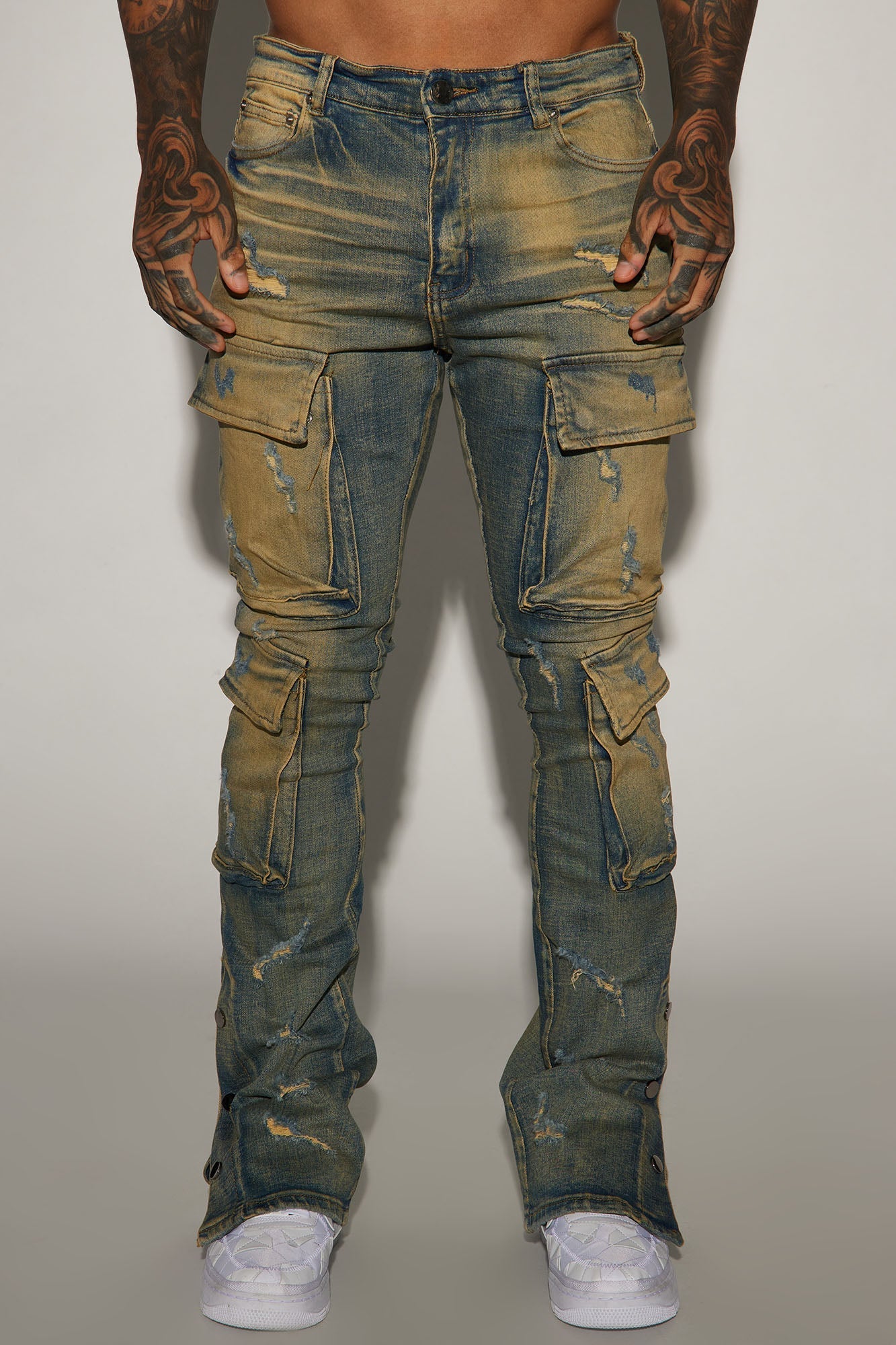 On The Set Stacked Skinny Snap Flare Jeans - Vintage Wash