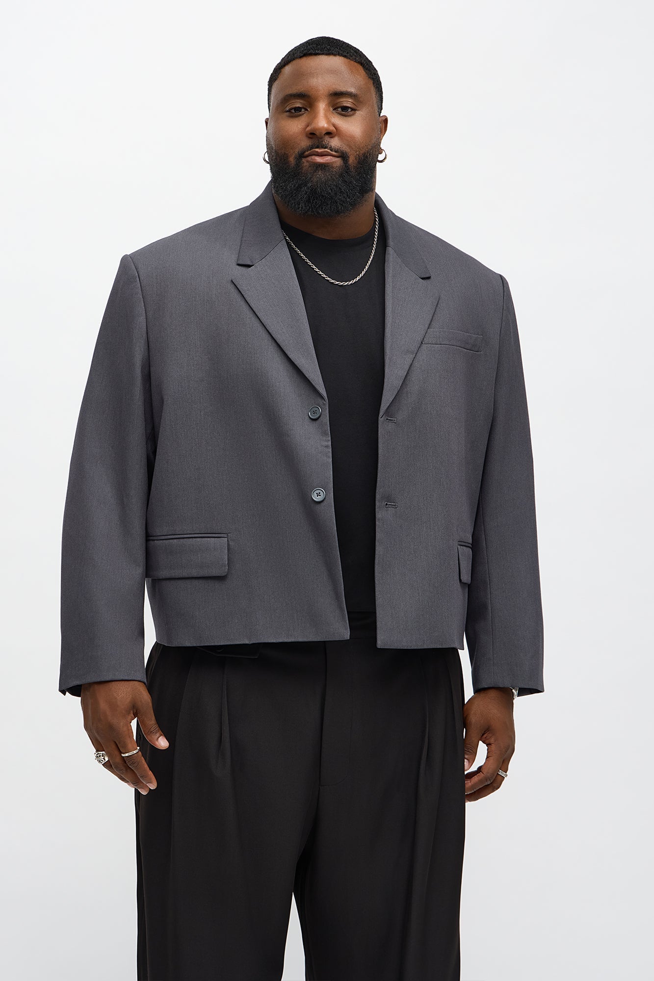 Gabardine Boxy Cropped Single Breasted Blazer - Charcoal