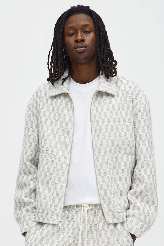 Relaxed Cropped Checker Work Jacket - Cream