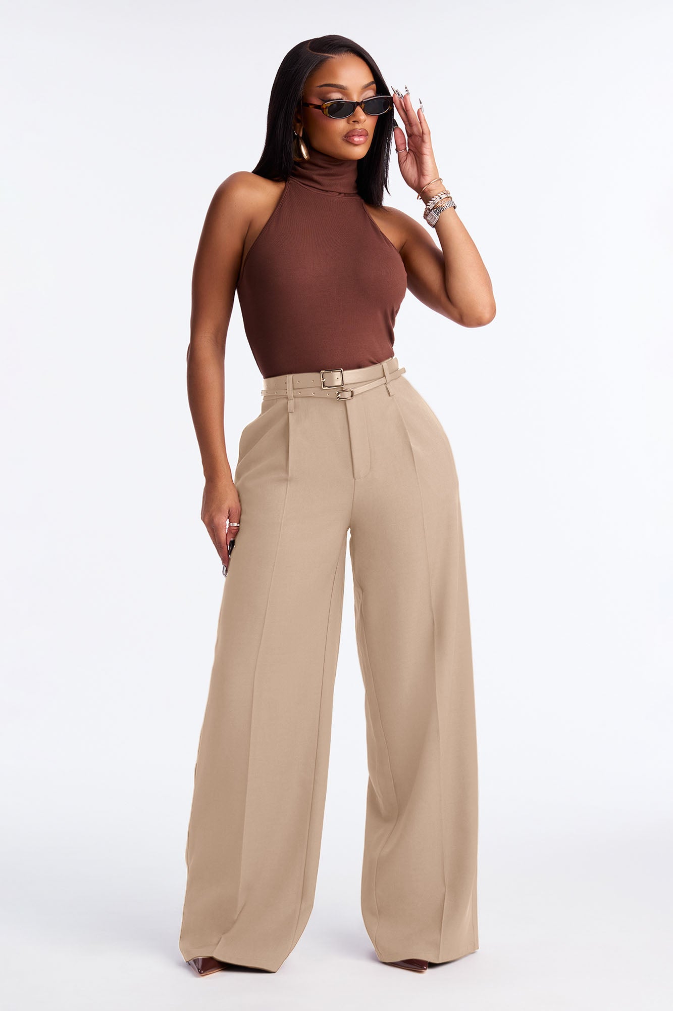 Geraldine Belted Wide Leg Trousers 33″ - Camel