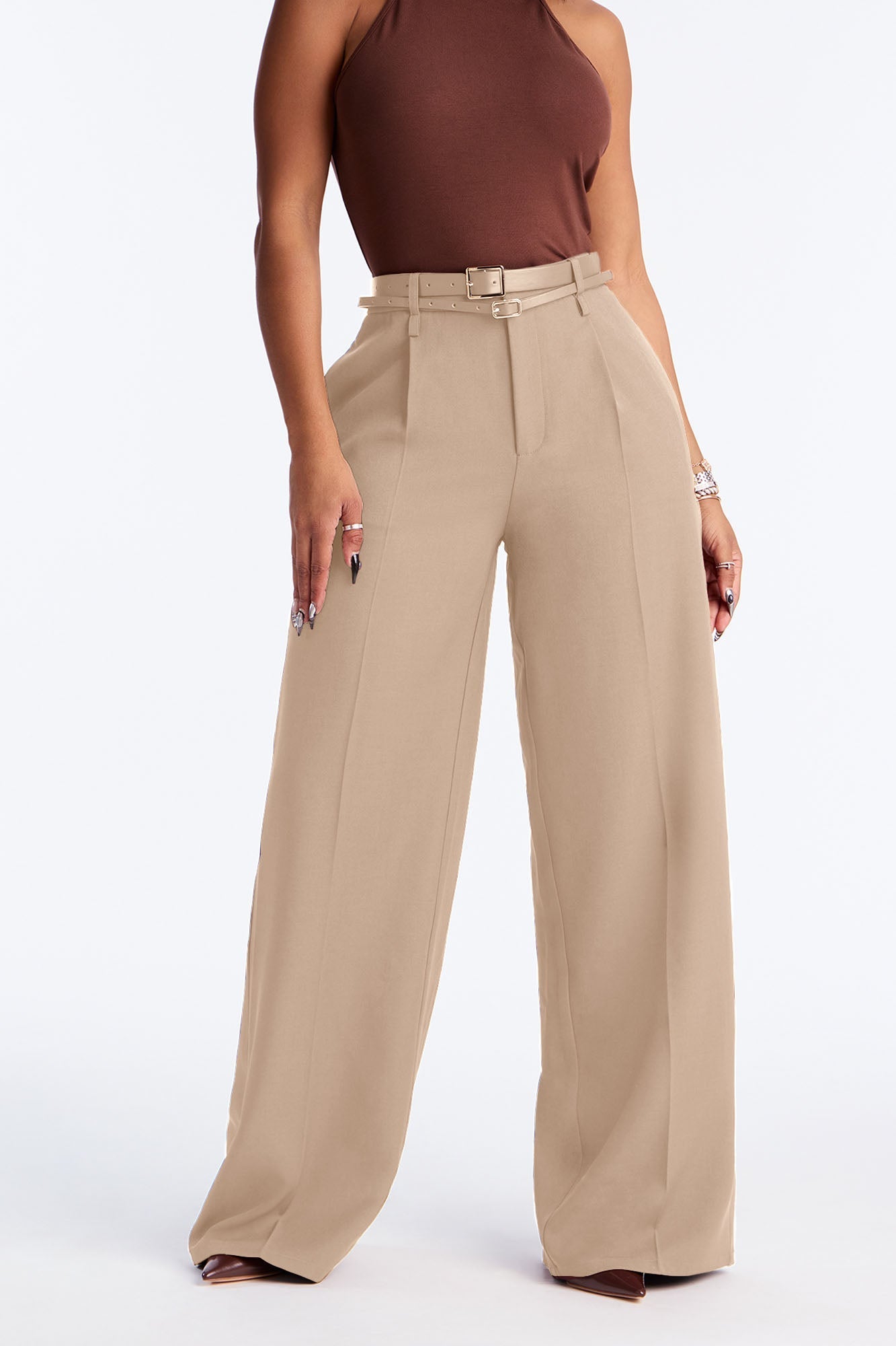 Geraldine Belted Wide Leg Trousers 33″ - Camel