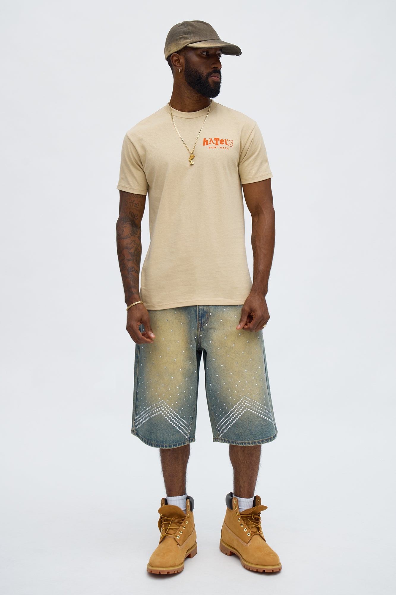 Baggy Notch Jeweled Denim Short - Vintage Blue Wash