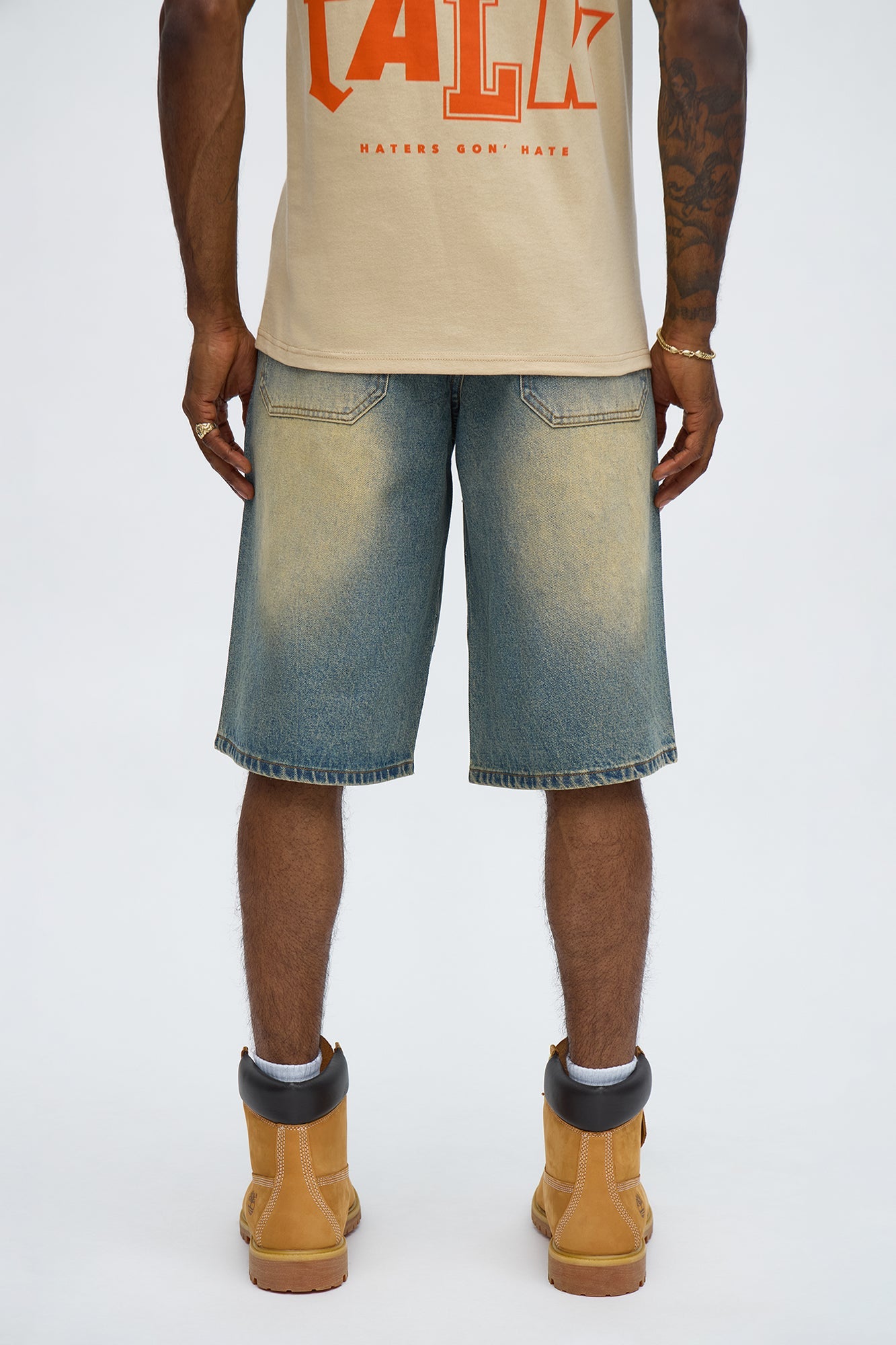 Baggy Notch Jeweled Denim Short - Vintage Blue Wash
