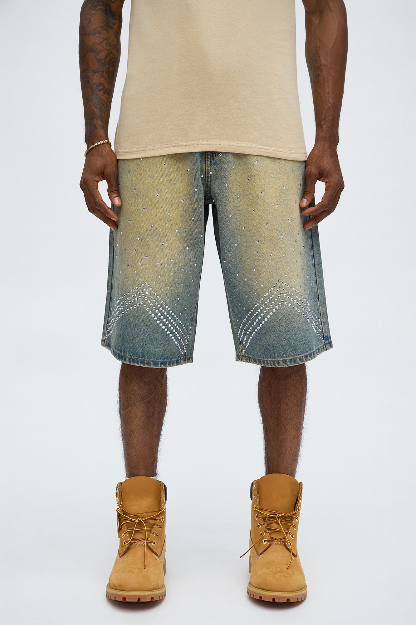 Baggy Notch Jeweled Denim Short - Vintage Blue Wash